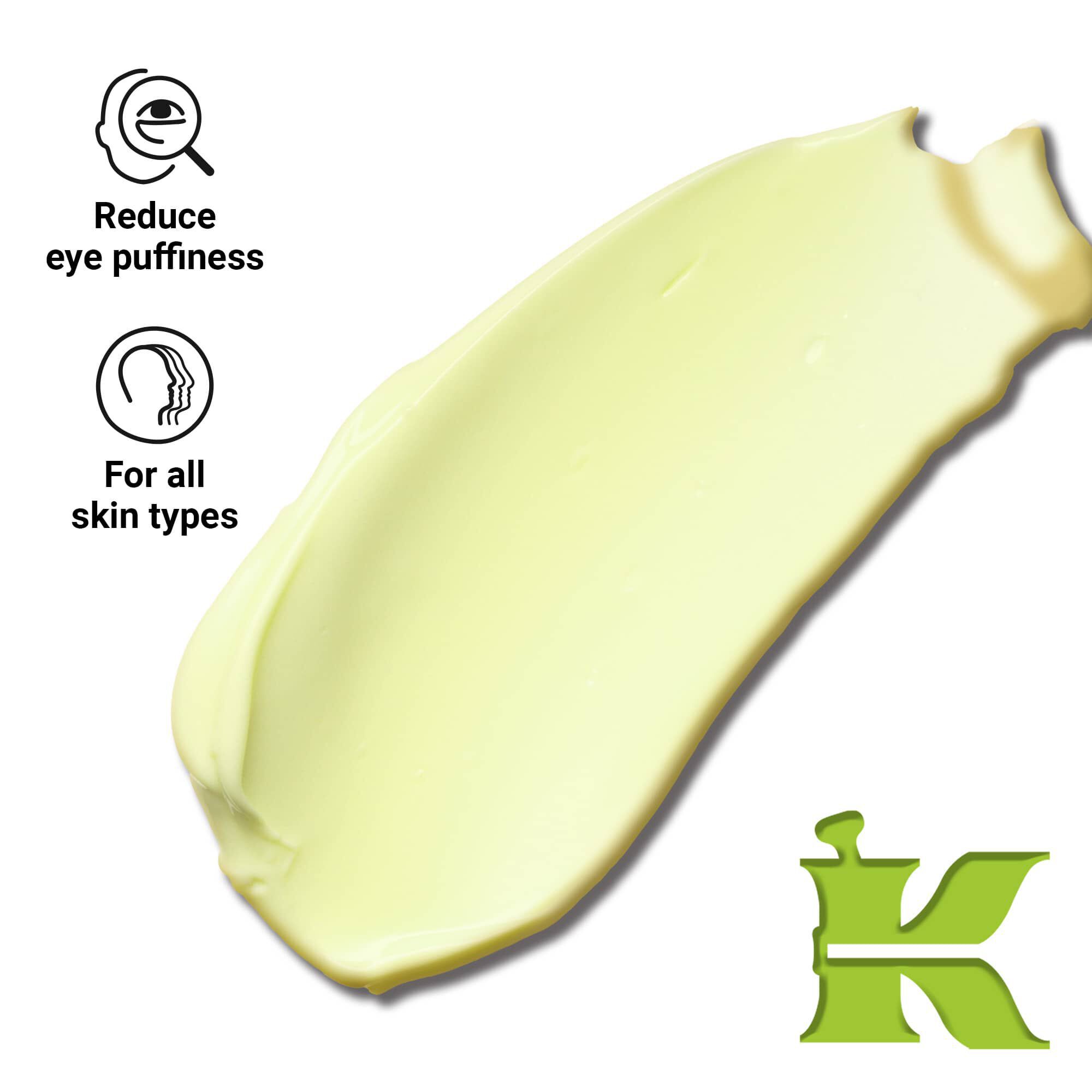Fotografia textury produktu s ikonami – zmierňuje opuchy oči a je vhodny pre všetky typy pleti