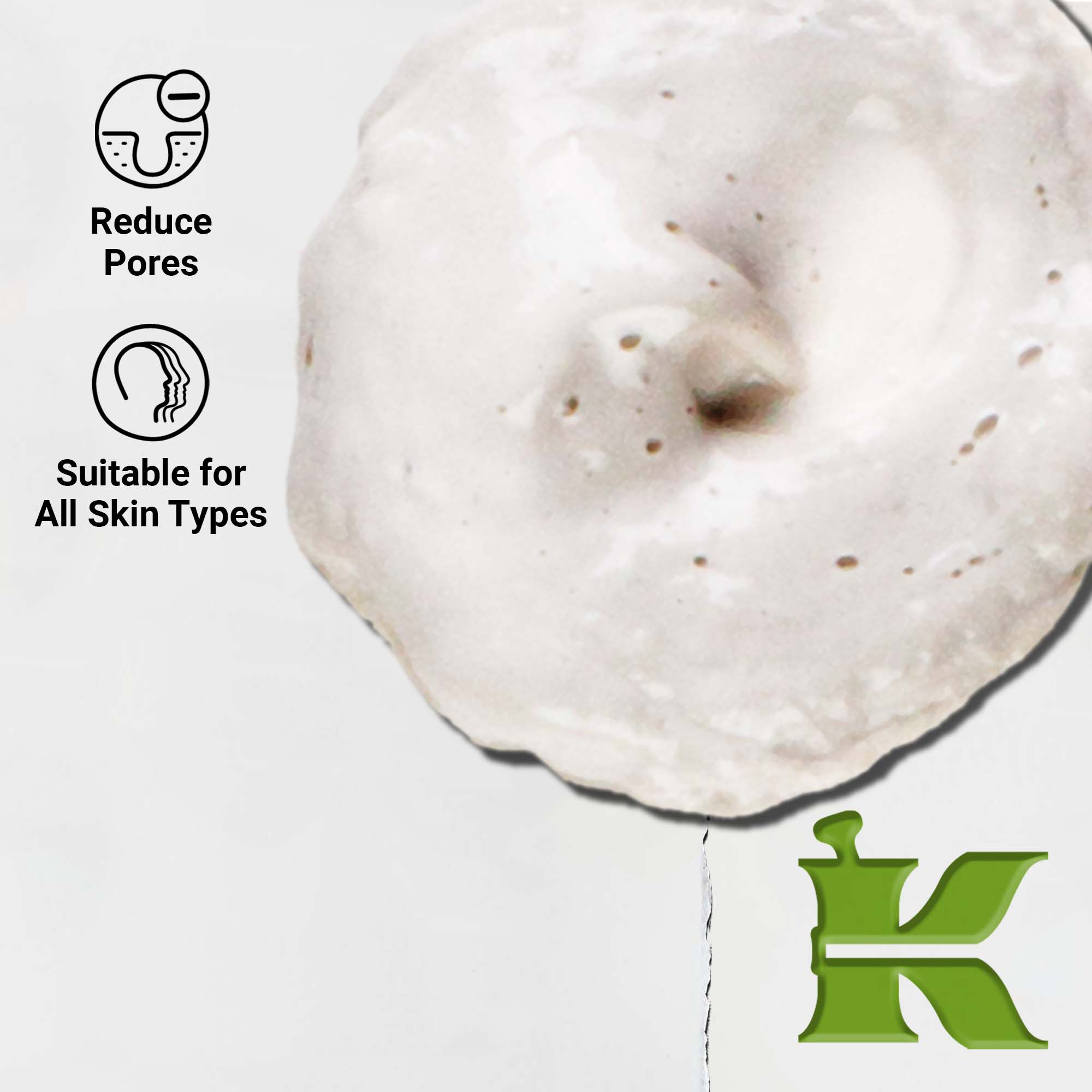 Detail textury Rare Earth Deep Pore Daily Cleanser. Text zdorazňuje hĺbkove čistenie porov a vhodnosť pre všetky typy pleti.