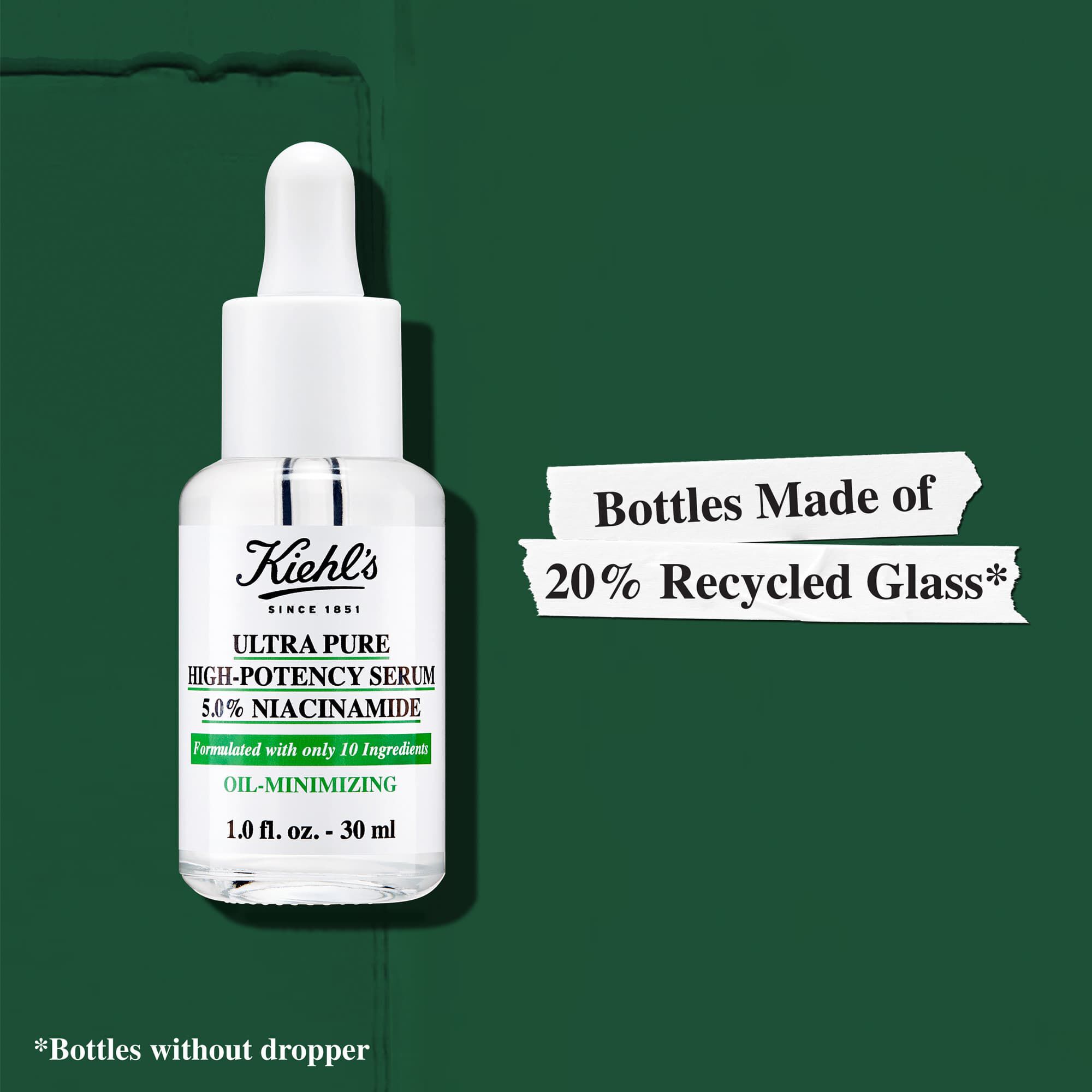 Nadobky sera Kiehl's Ultra Pure High-Potency Serum su vyrobene z 20 % z recyklovaneho skla