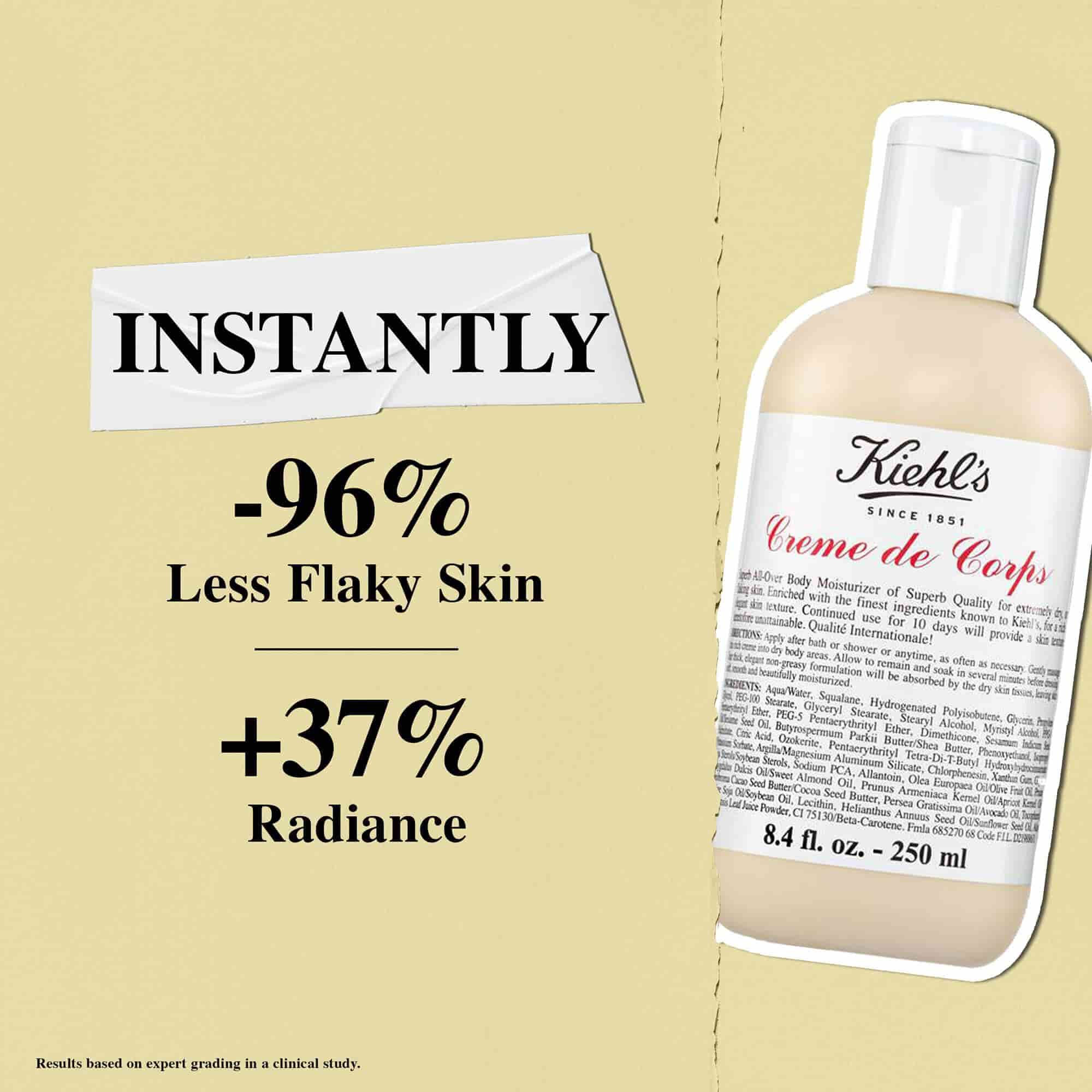 Mlieko Kiehl's Creme de Corps okamžite zabezpečuje o 96 % menej šupinatej pokožky a 37 % zvyšenie jasu