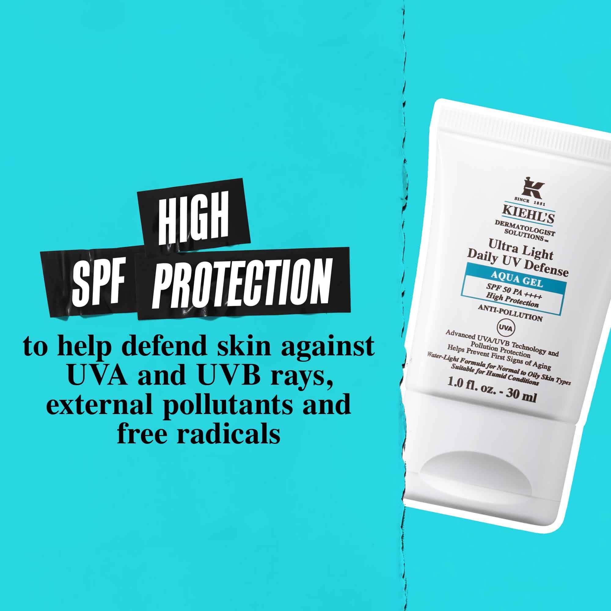 Tuba Ultra Light Daily UV Defense Aqua Gel na modrom pozadi s textom: „Vysoka SPF ochrana pomaha chraniť pleť pred UVA a UVB lučmi, vonkajšimi znečisťujucimi latkami a voľnymi radikalmi.“