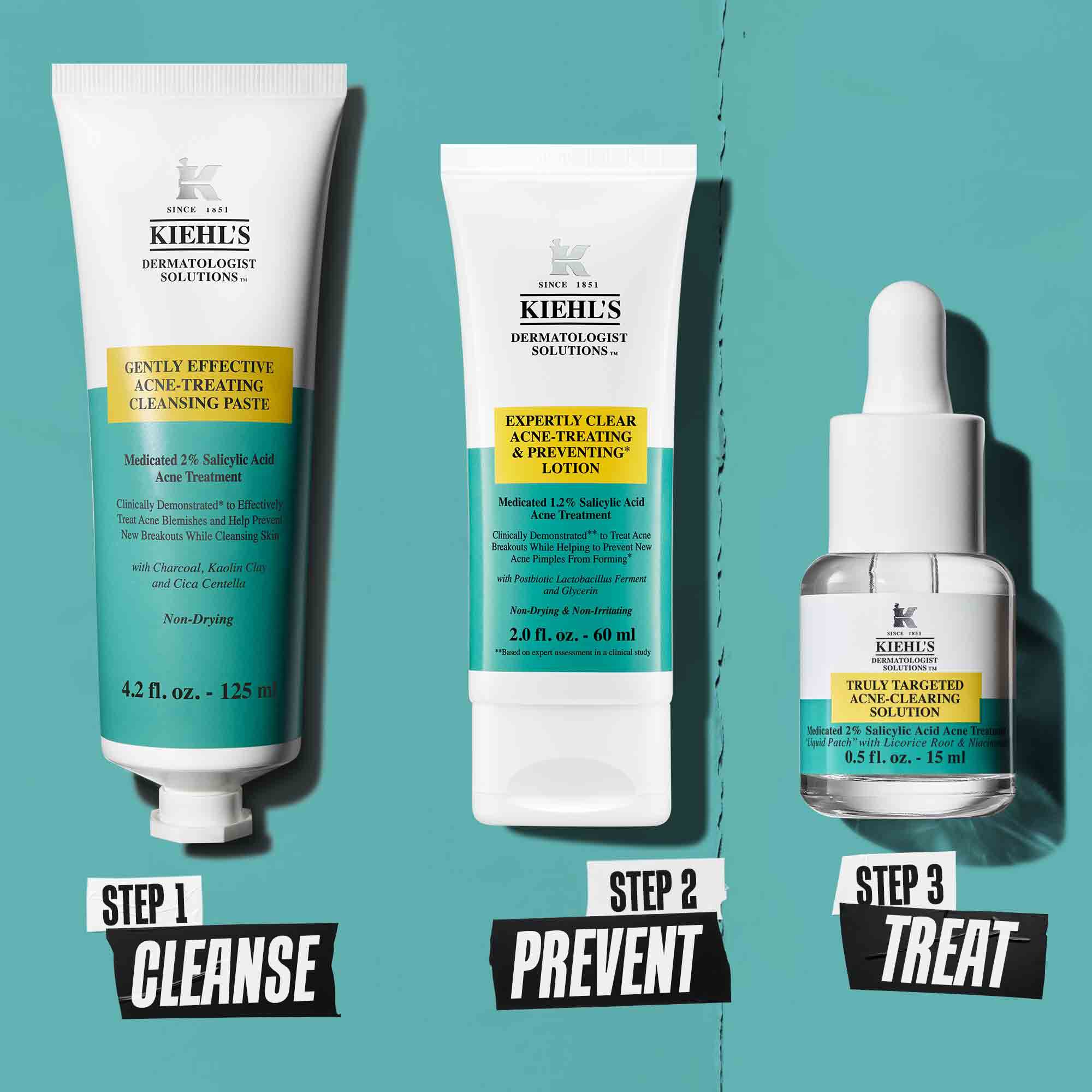 Trojkrokova rutina na čistenie nedokonalosti s produktmi Kiehl's. Krok 1: Čistiaca pasta na ošetrenie nedokonalosti. Krok 2: Pleťova voda na ošetrenie a prevenciu nedokonalosti. Krok 3: Cieleny roztok na čistenie nedokonalosti.