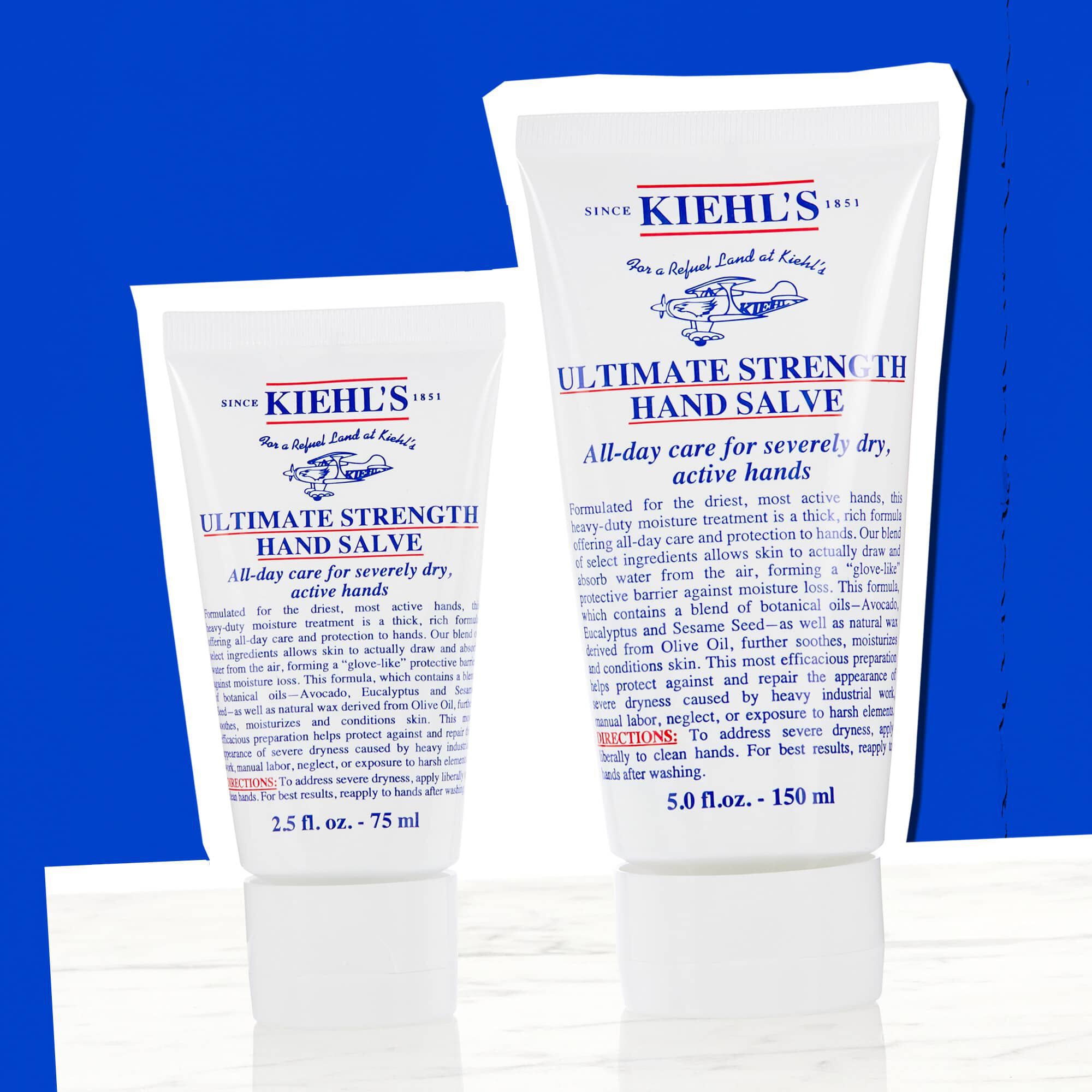 Dve tuby Kiehl's Ultimate Strength Hand Salve ukazujuce dostupne veľkosti