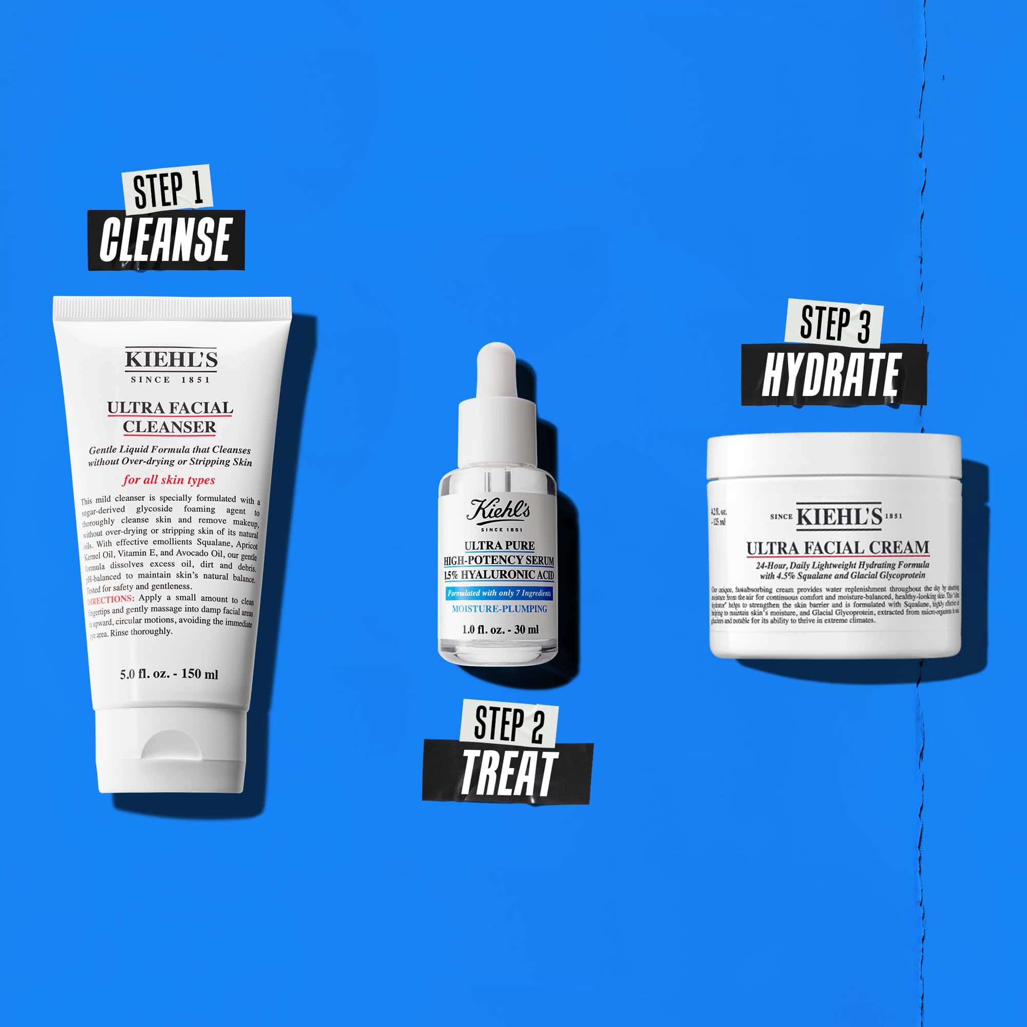 Trojkrokova rutina s produktmi Kiehl's. Krok 1: Ultra Facial Cleanser. Krok 2: Serum s kyselinou hyaluronovou. Krok 3: Ultra Facial Cream.