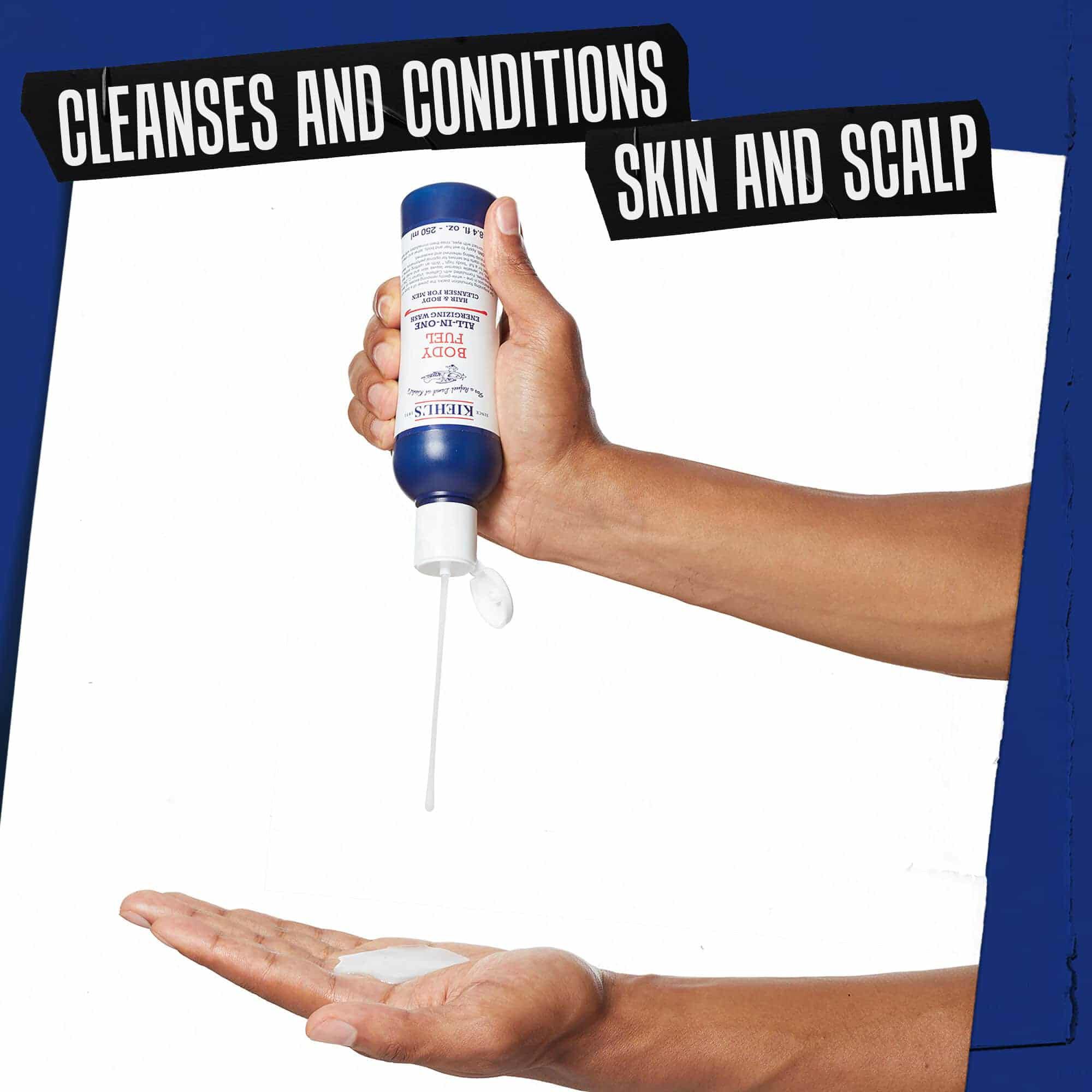Ruka davkujuca Body Fuel All-In-One Energizing Wash; čisti a ošetruje pokožku a vlasovu pokožku.