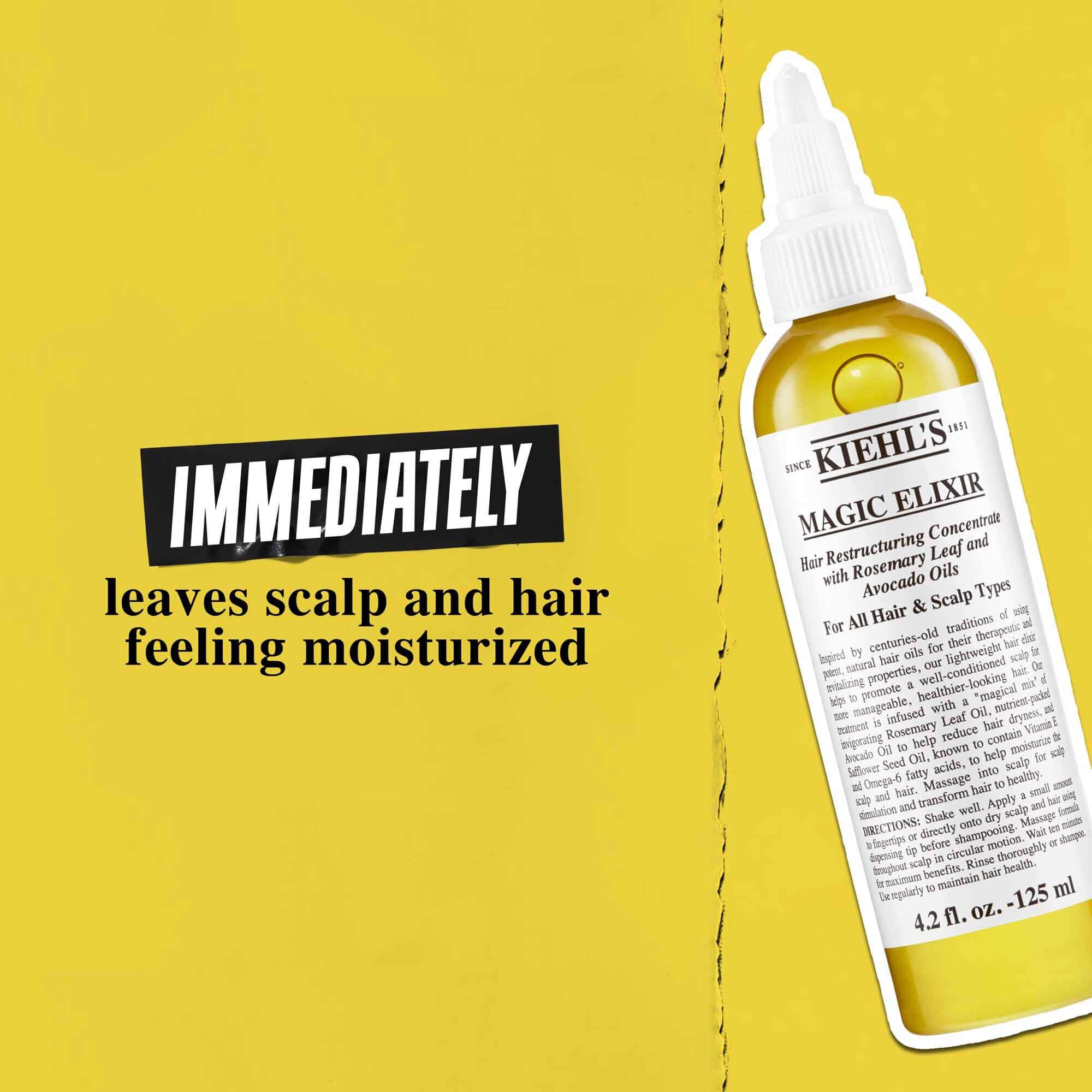 Fľaštička Magic Elixir Hair Oil na zlatom pozadi s textom: „Okamžite zanechava pokožku hlavy a vlasy hydratovane.“