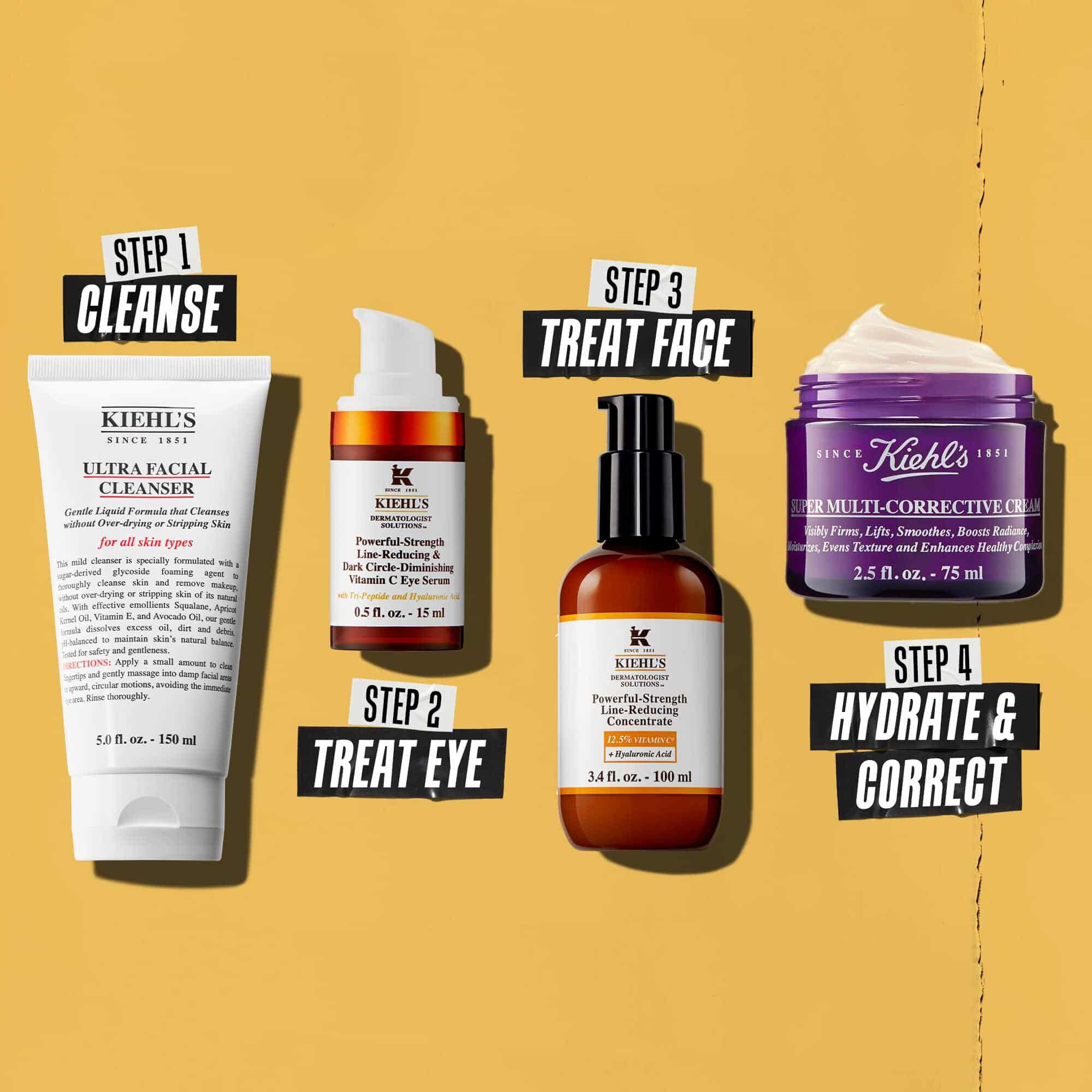 Štyri produkty Kiehl's predstavujuce rutinu starostlivosti o pleť. Zľava doprava: čistiaci pripravok, očny krem, Powerful-Strength Line-Reducing Concentrate a hydratačny krem.