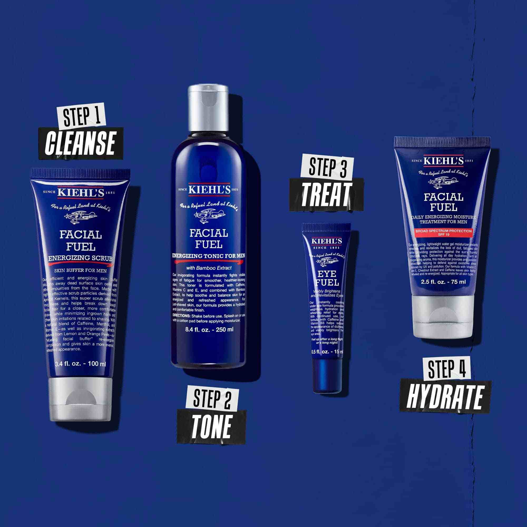 Rutina so štyrmi produktmi na čistenie, tonizaciu, ošetrenie a hydrataciu.
