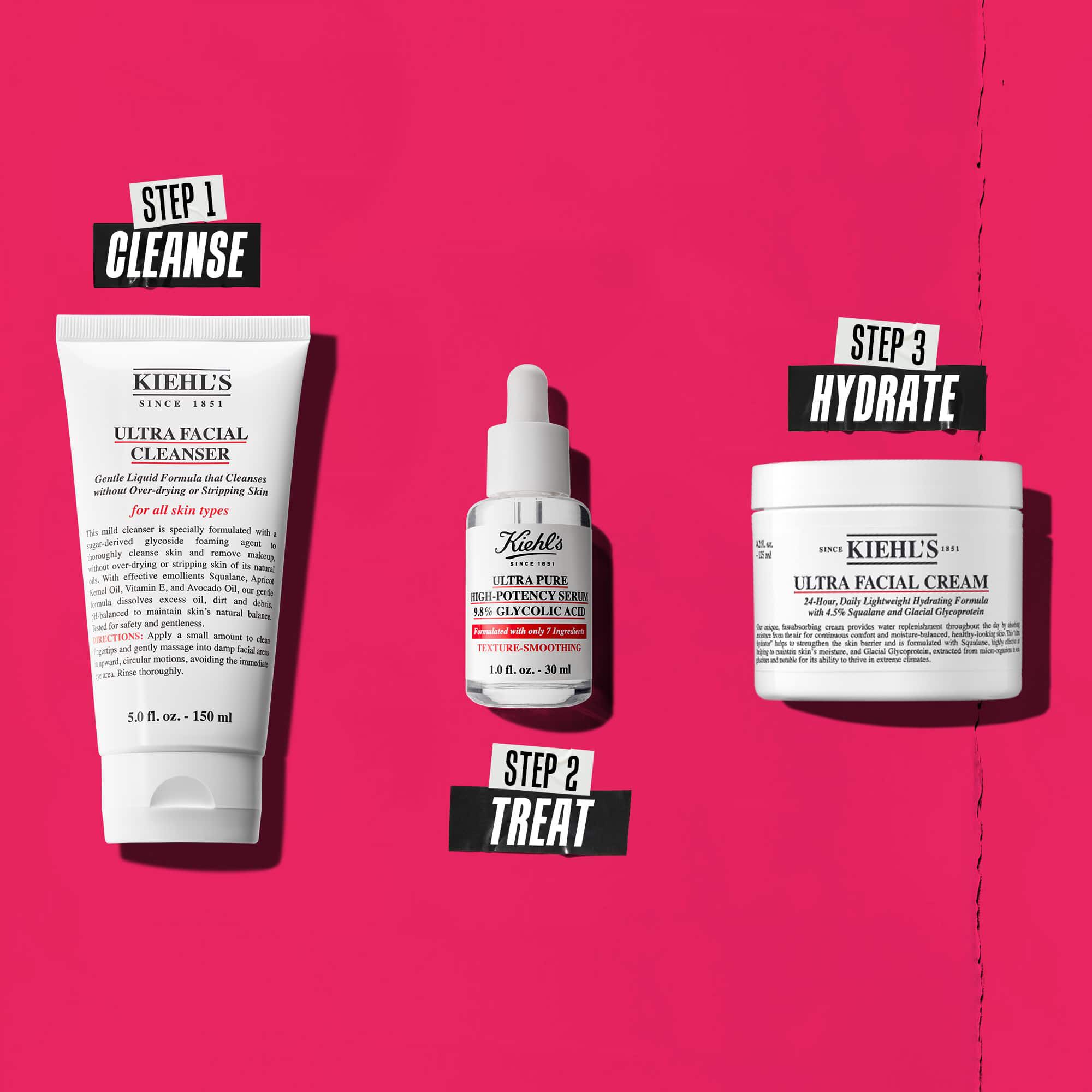 Trojkrokova rutina s produktmi Kiehl's. Krok 1: Ultra Facial Cleanser. Krok 2: Serum s kyselinou glykolovou. Krok 3: Ultra Facial Cream.
