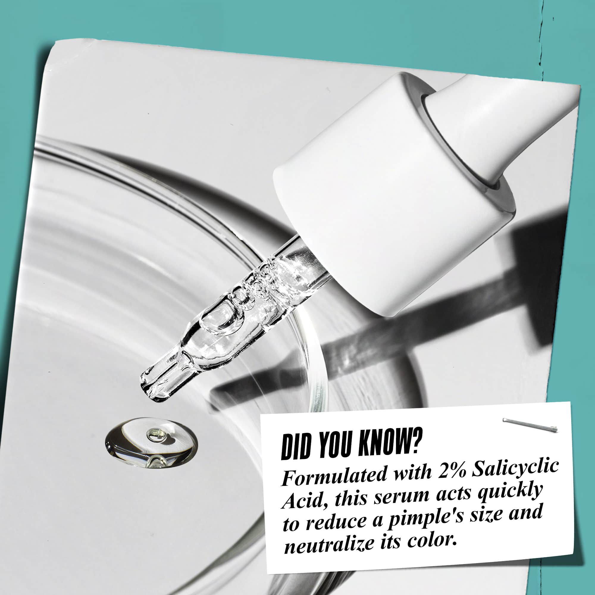 Kvapkadlo davkujuce Truly-Targeted Blemish-Clearing Solution do sklenenej misky s textom: "Vedeli ste? Zloženie s 2 % kyselinou salicylovou na zmenšenie veľkosti vyražok a neutralizaciu ich farby."