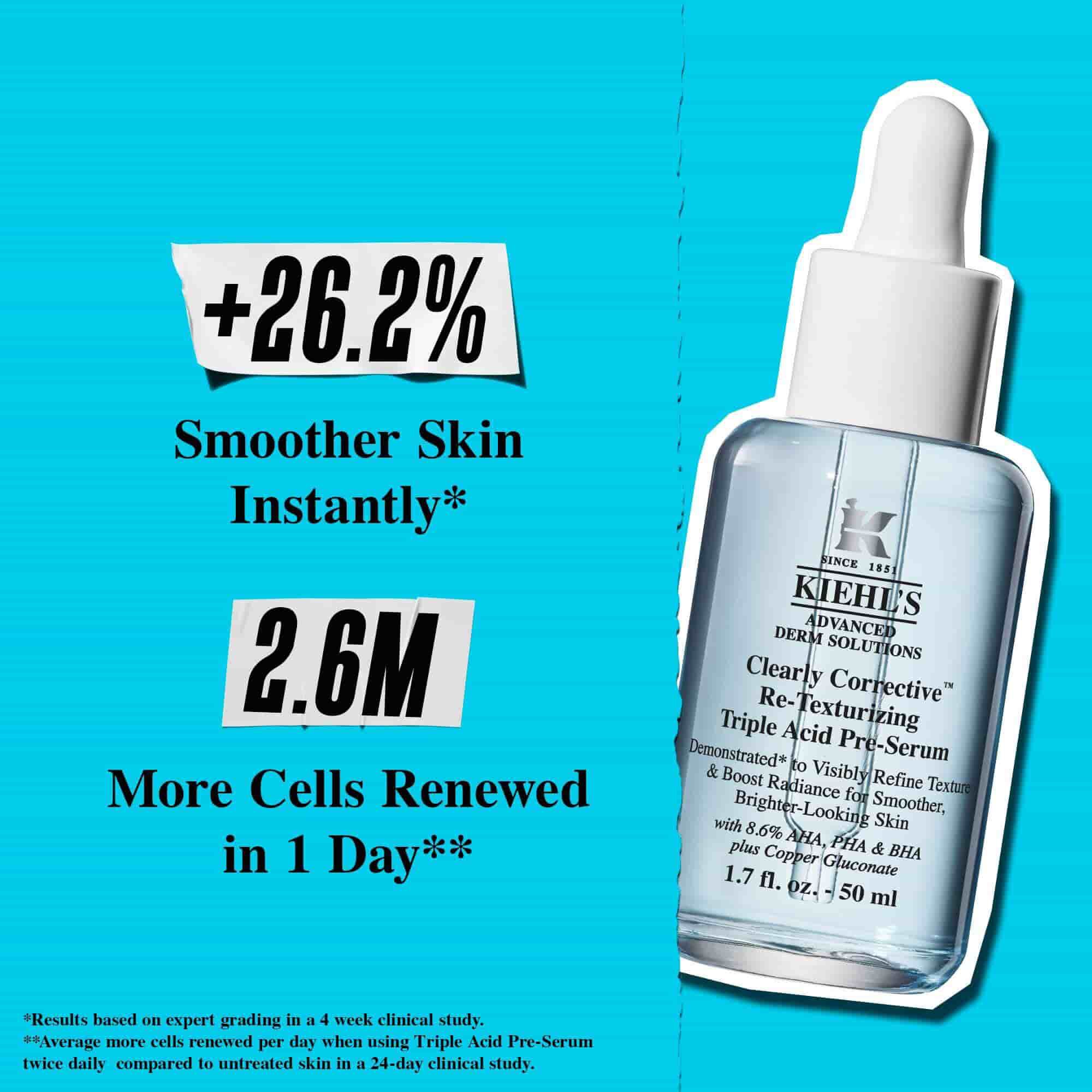 Fľaštička Clearly Corrective Triple Acid Peel na modrom pozadi s textom: „+41 % hladšia textura.“