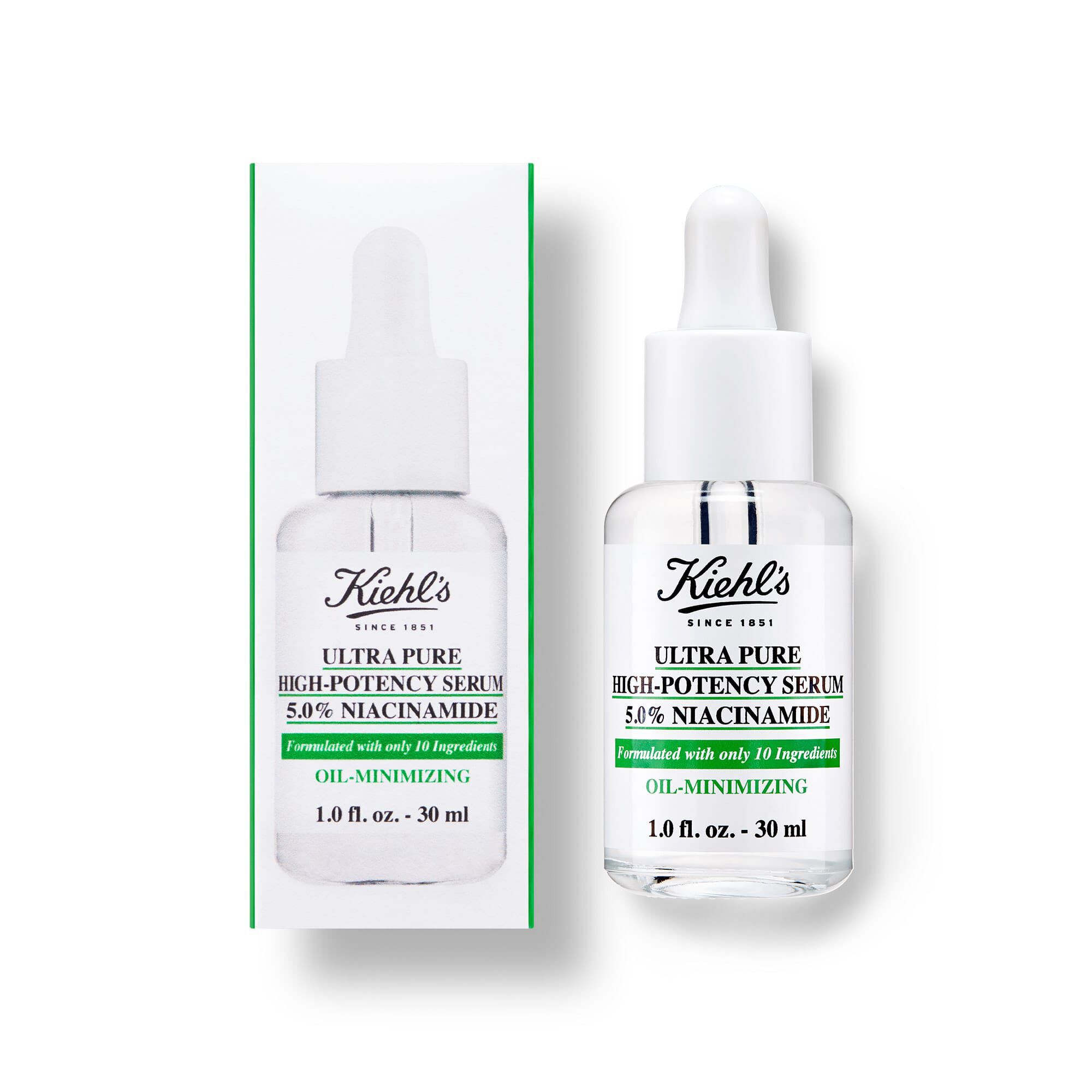 Fľaštička a krabička sera Kiehl's Ultra Pure High-Potency Serum s 5,0 % niacinamidu