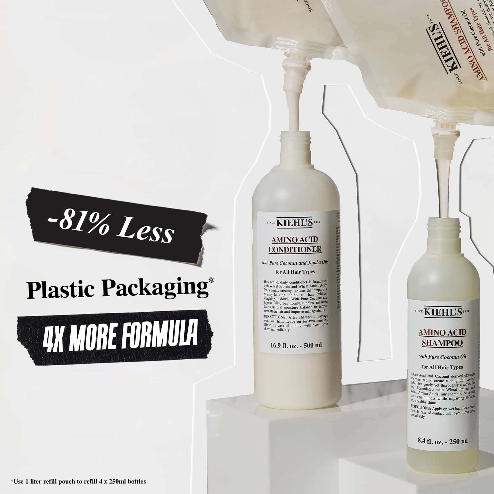 Fľaše šamponu a kondicioneru Kiehl's Amino Acid s propagačnym textom zdorazňujucim o 81 % menej plastovych obalov a 4x viac zloženia.