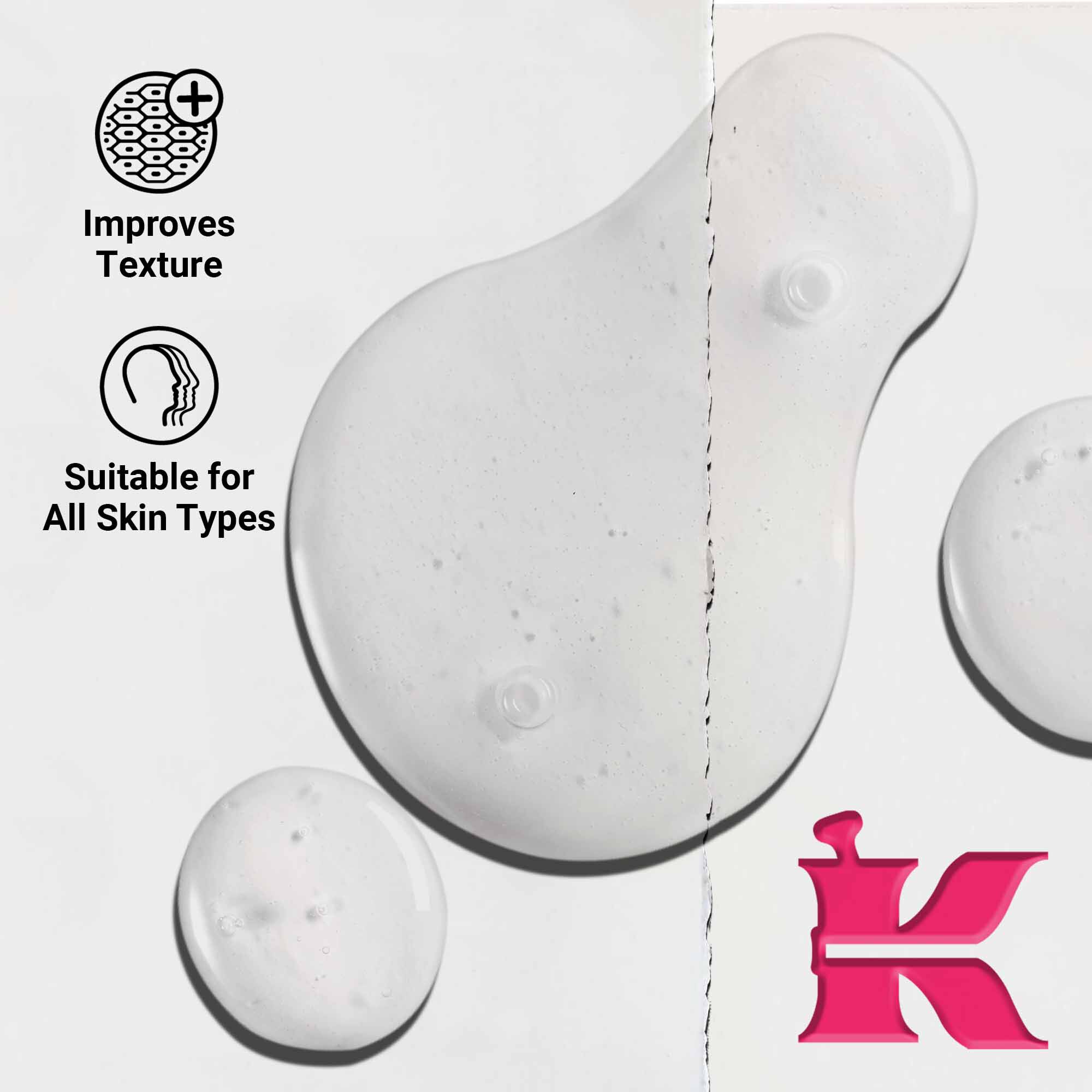 Detail textury Ultra Pure 9.8% Glycolic Acid Serum ukazujuci čire kvapočky kvapaliny. Text zdorazňuje schopnosť zlepšovať texturu a vhodnosť pre všetky typy pleti.