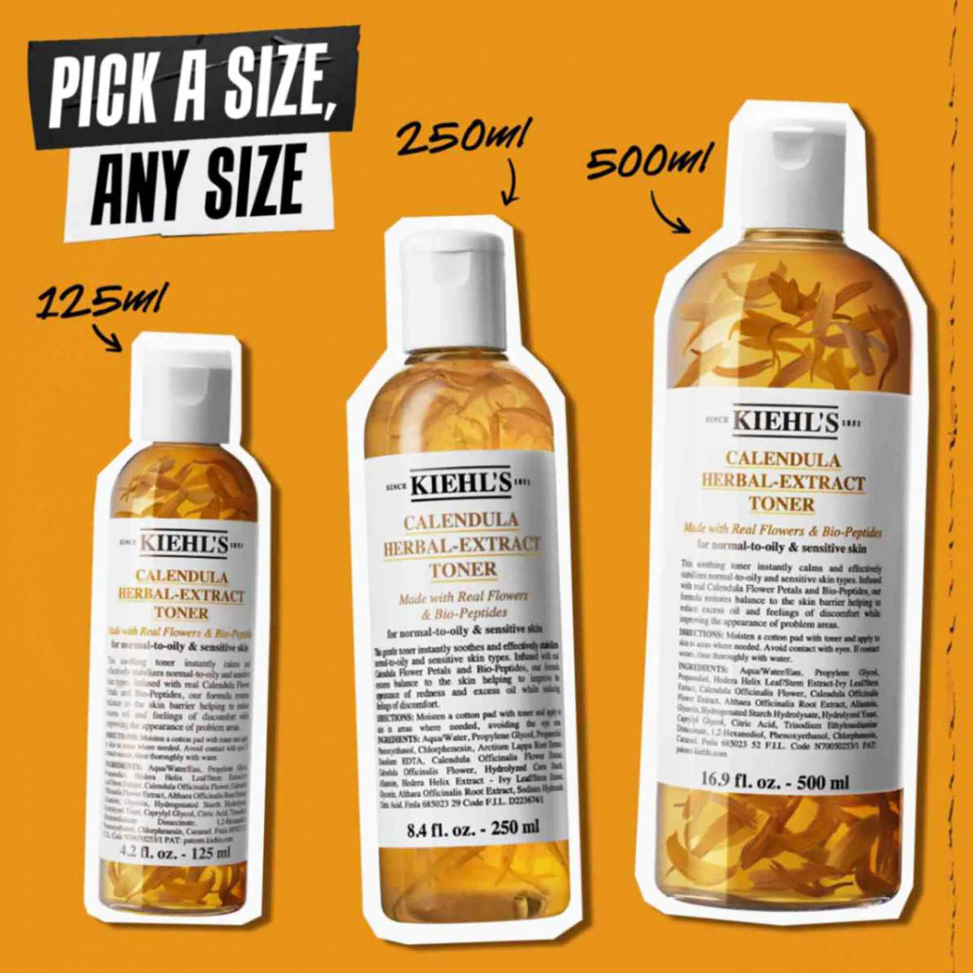 Tri fľaštičky Calendula Herbal-Extract Toner v roznych veľkostiach (125 ml, 250 ml, 500 ml) na oranžovom pozadi s textom „Vyberte si veľkosť, akukoľvek veľkosť.“