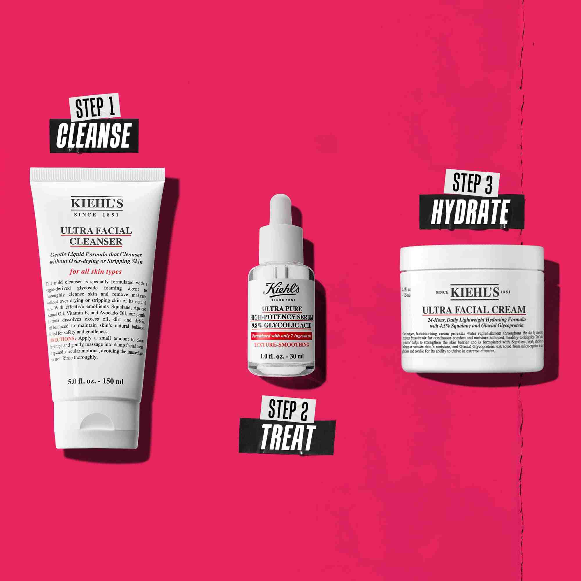 Trojkrokova rutina s produktmi Kiehl's. Krok 1: Ultra Facial Cleanser. Krok 2: Serum s kyselinou glykolovou. Krok 3: Ultra Facial Cream.
