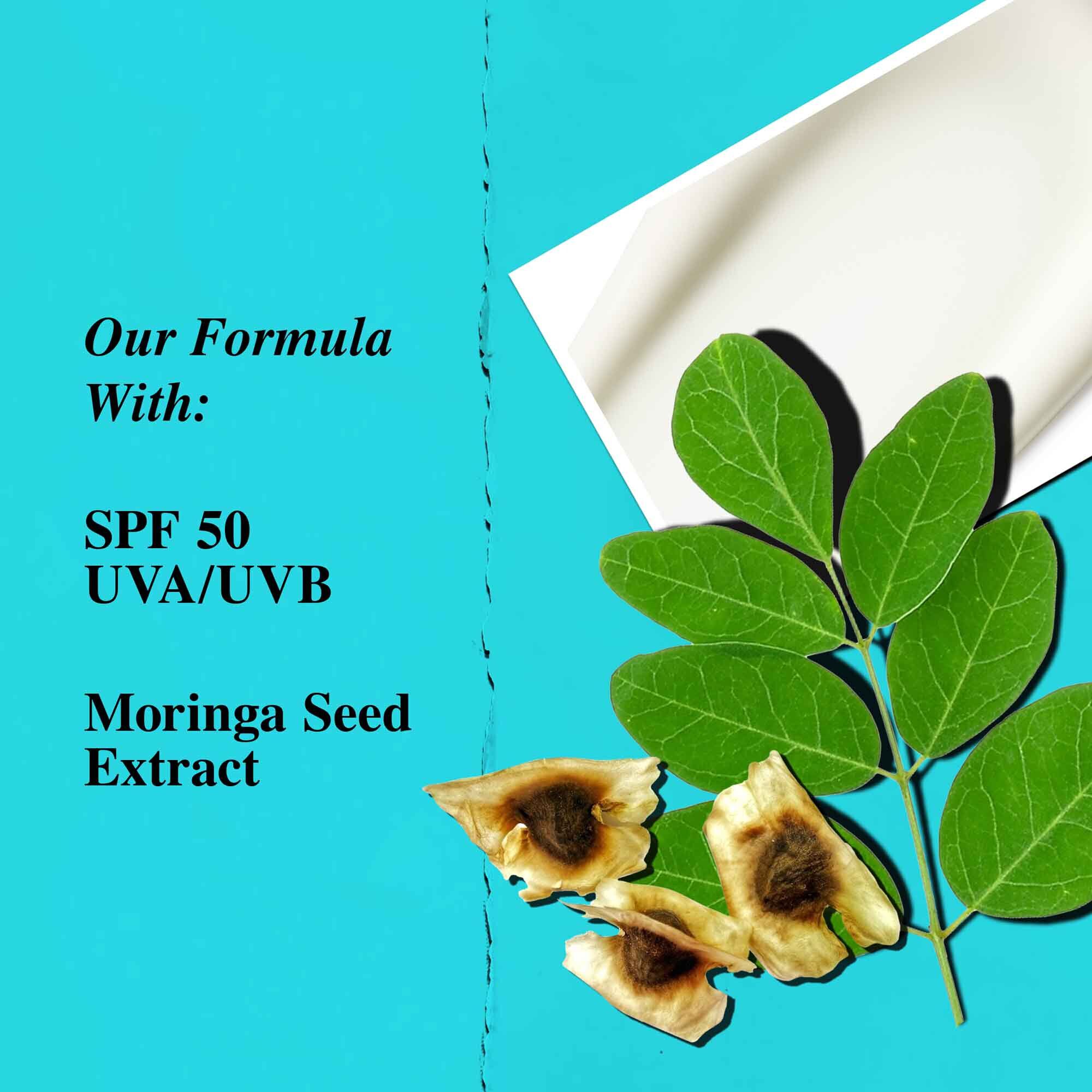 Grafika zdorazňujuca kľučove zložky Ultra Light Daily UV Defense Aqua Gel, vratane SPF 50 a extraktu zo semien moringy.