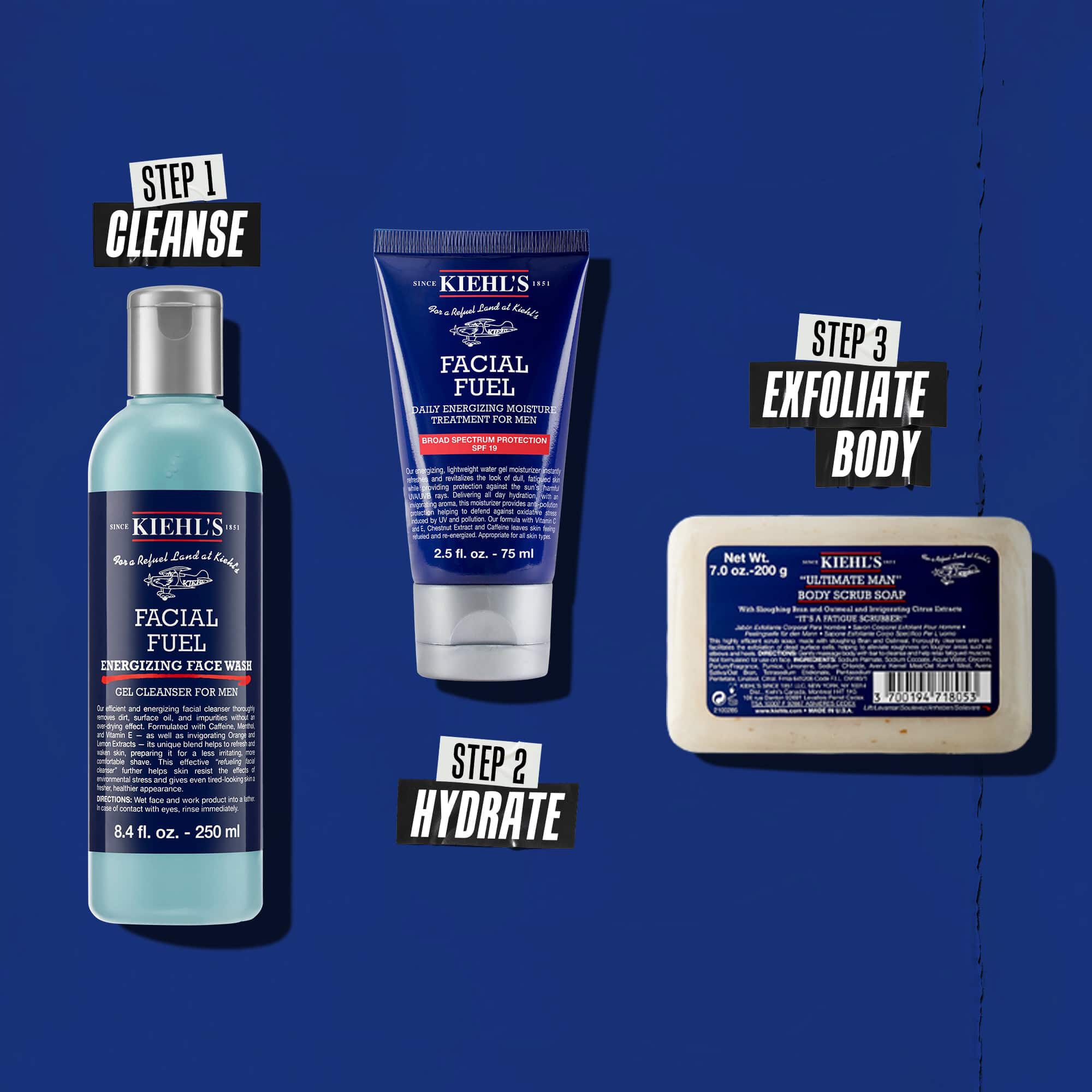 Tri produkty Kiehl's predstavujuce rutinu. Zľava doprava: Facial Fuel Cleanser, Facial Fuel Moisturizer a Ultimate Man Body Scrub Soap.
