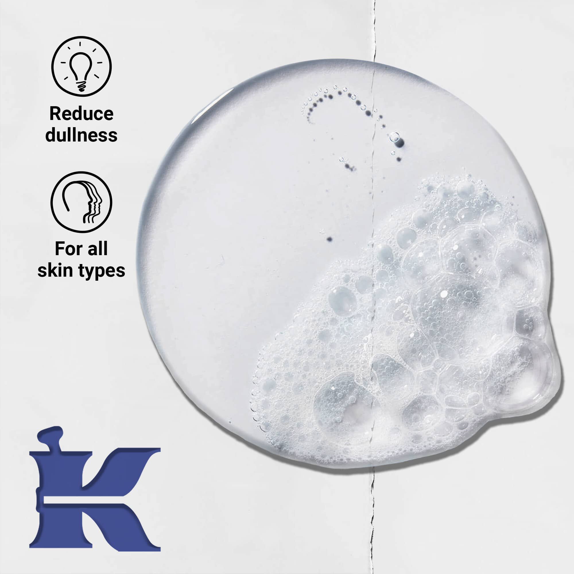 Fotografia textury Facial Fuel s ikonami uvadzajucimi, že zmierňuje unaveny vzhľad a je pre všetky typy pleti