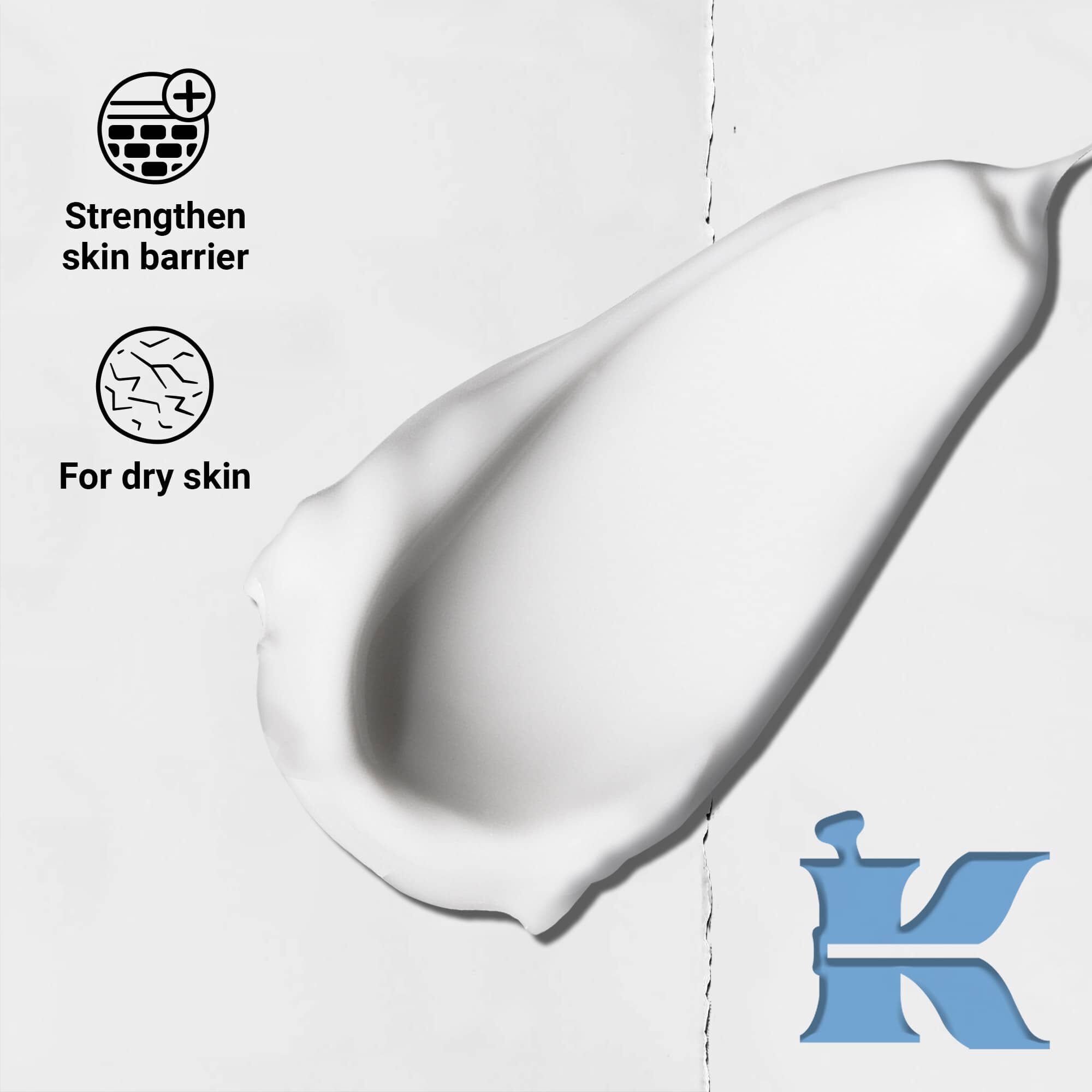 Fotografia textury s ikonami uvadzajucimi, že posilňuje kožnu barieru a je určeny pre suchu pleť