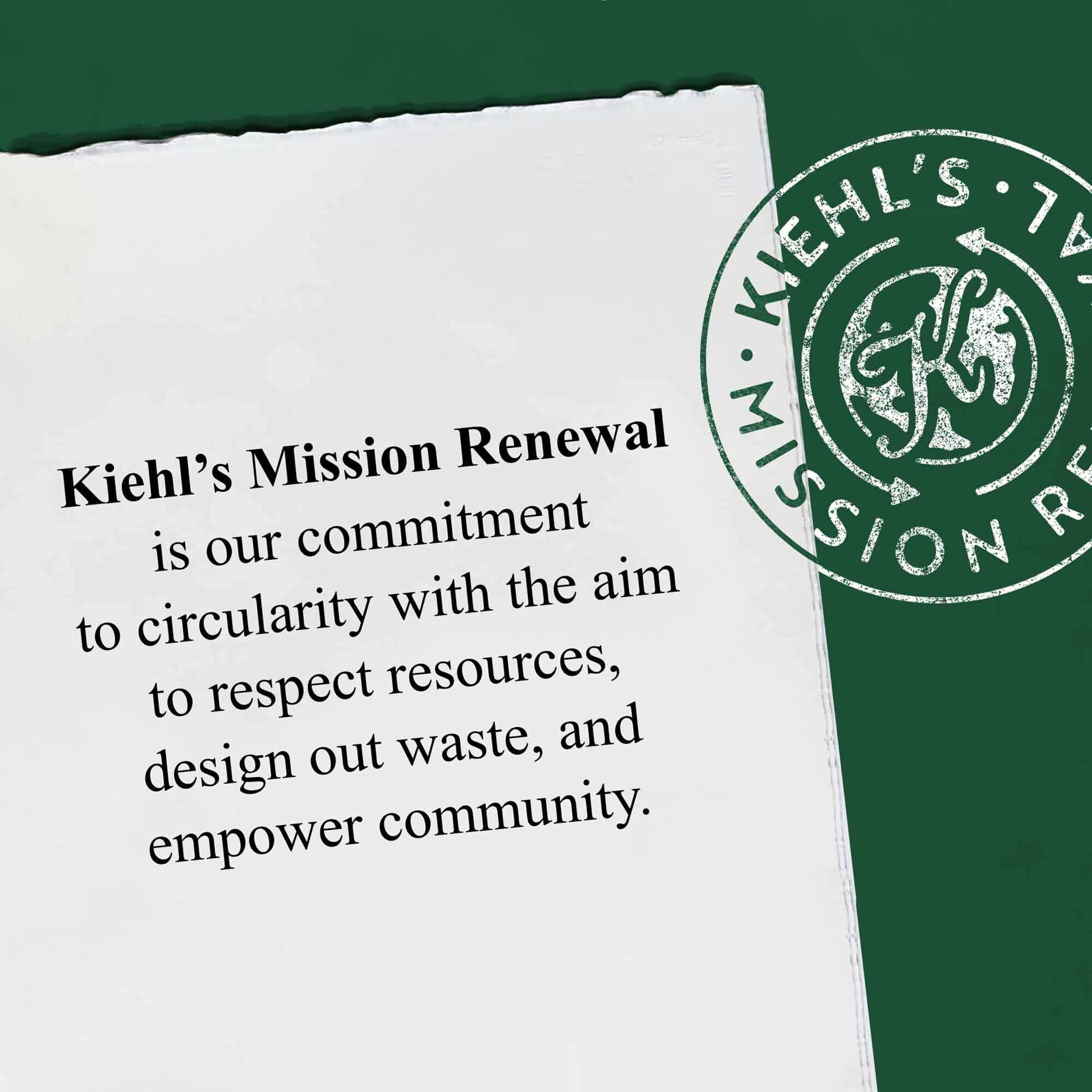 Grafika zhrňujuca Kiehl's Mission Renewal s textom o ochrane zdrojov, eliminacii odpadu a posilňovani komunit.