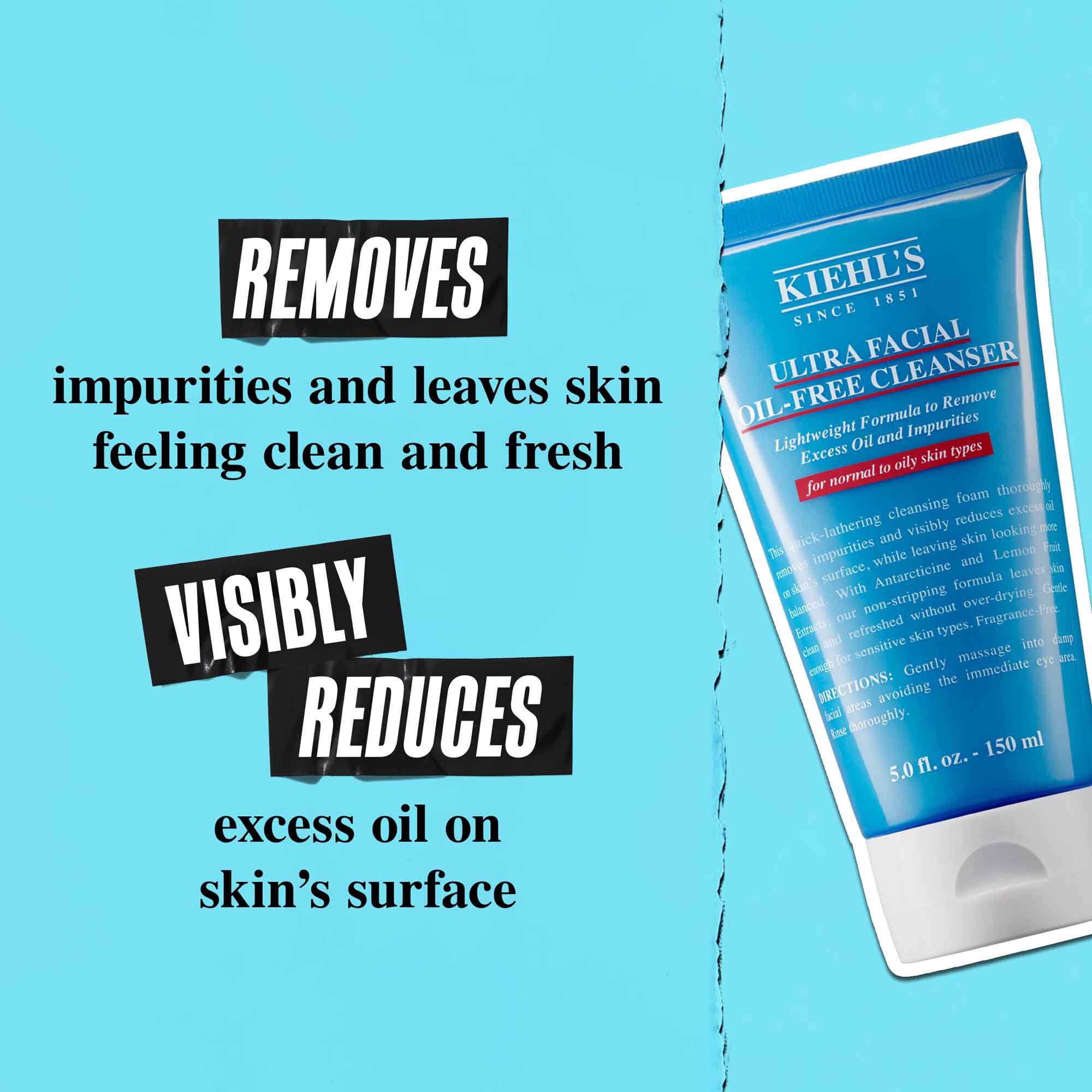 Tuba Ultra Facial Oil-Free Cleanser na modrom pozadi s textom: „Odstraňuje mastnotu a zanechava pleť viditeľne redukovanu o prebytočny maz na povrchu.“