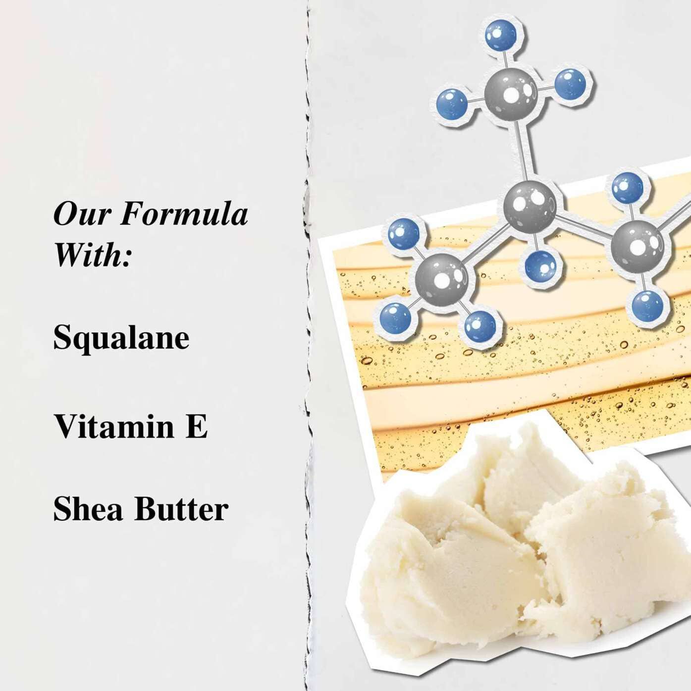 Grafika zdorazňujuca kľučove zložky balzamu Lip Balm #1: bambucke maslo, skvalan a vitamin E.