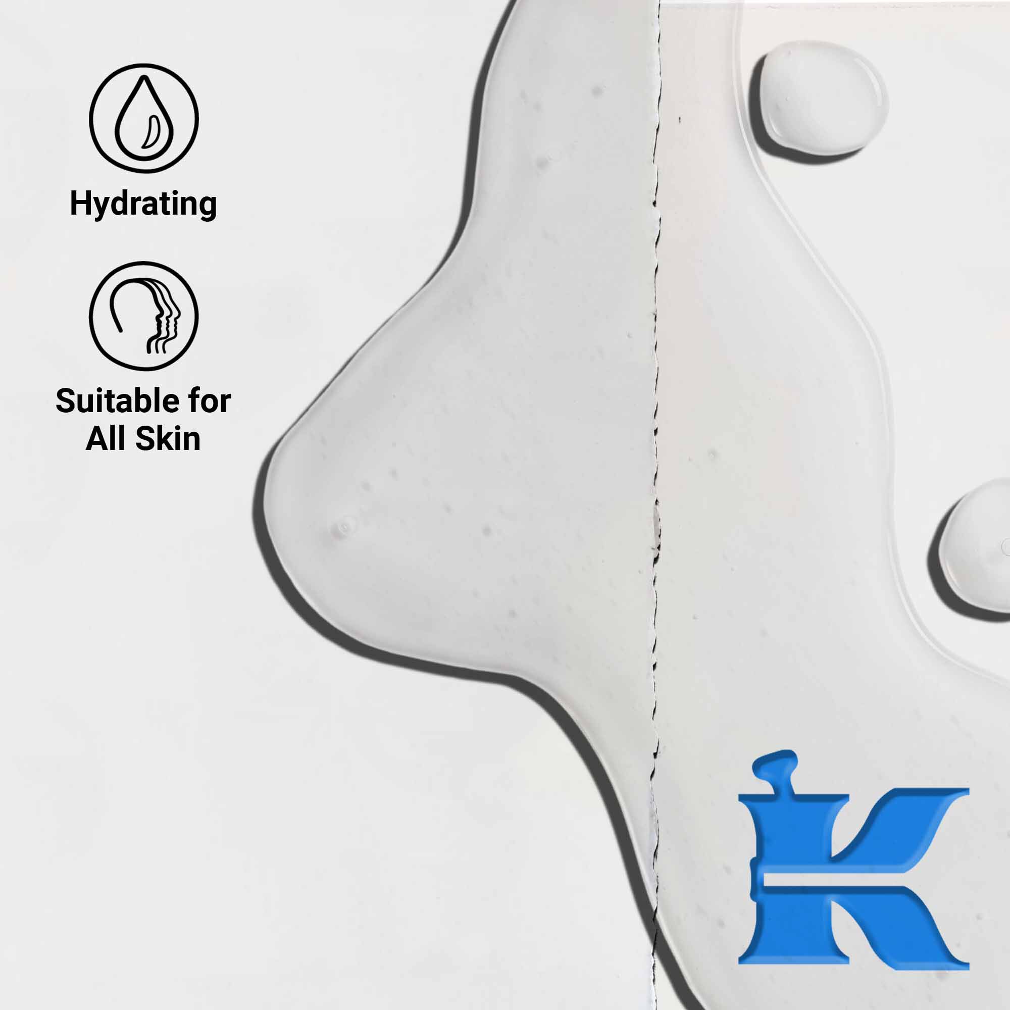 Detail textury Ultra Pure 1.5% Hyaluronic Acid Serum ukazujuci čire kvapočky kvapaliny. Text zdorazňuje hydratačne vyhody a vhodnosť pre všetky typy pleti.