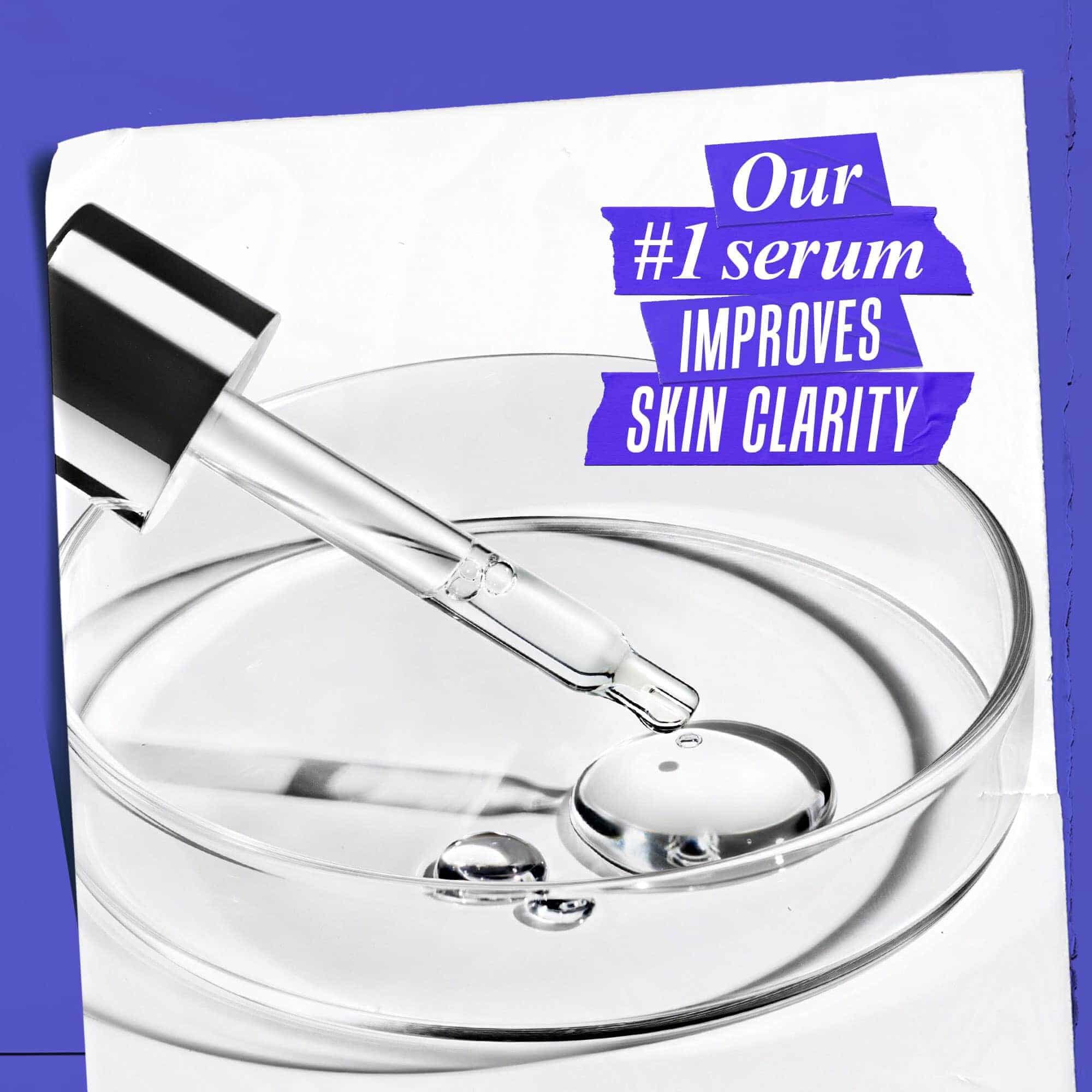 Kvapkadlo davkujuce serum do sklenenej misky s textom: Naše serum č. 1 zlepšuje jasnosť pleti.
