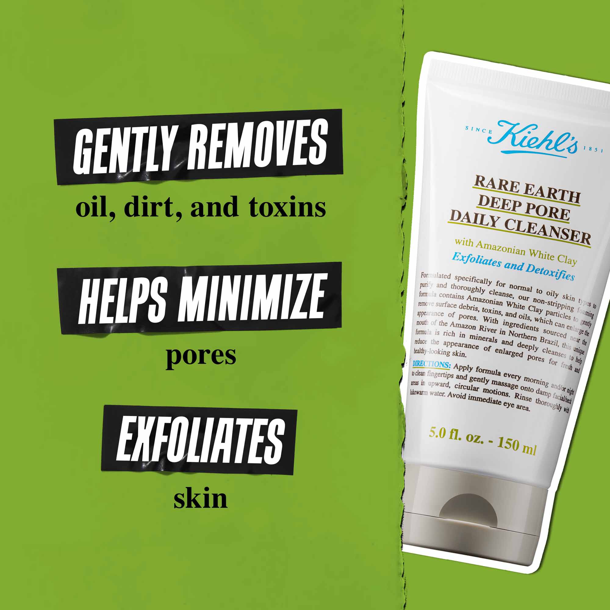 Tuba Rare Earth Deep Pore Daily Cleanser na zelenom pozadi s textom: „Jemne odstraňuje nečistoty, mastnotu a toxiny. Udržuje pory minimalizovane. Exfoliuje a hĺbkovo čisti pleť.“