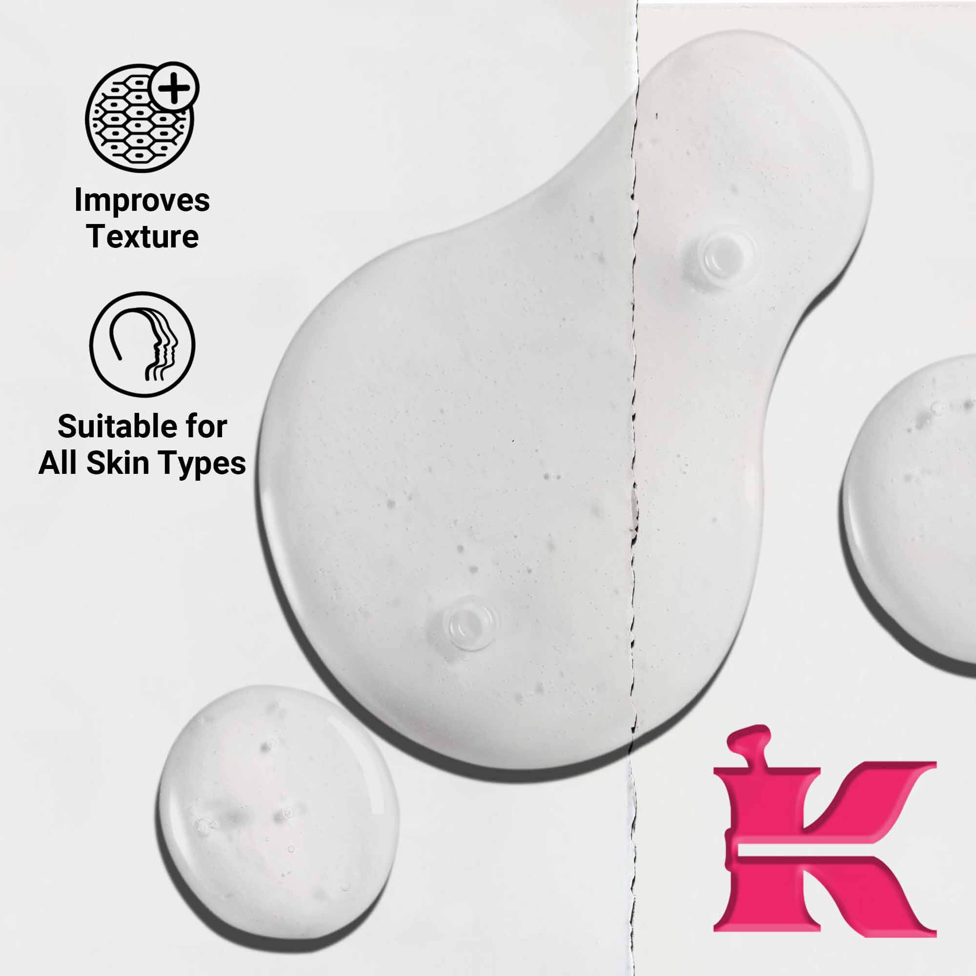 Detail textury Ultra Pure 9.8% Glycolic Acid Serum ukazujuci čire kvapočky kvapaliny. Text zdorazňuje schopnosť zlepšovať texturu a vhodnosť pre všetky typy pleti.