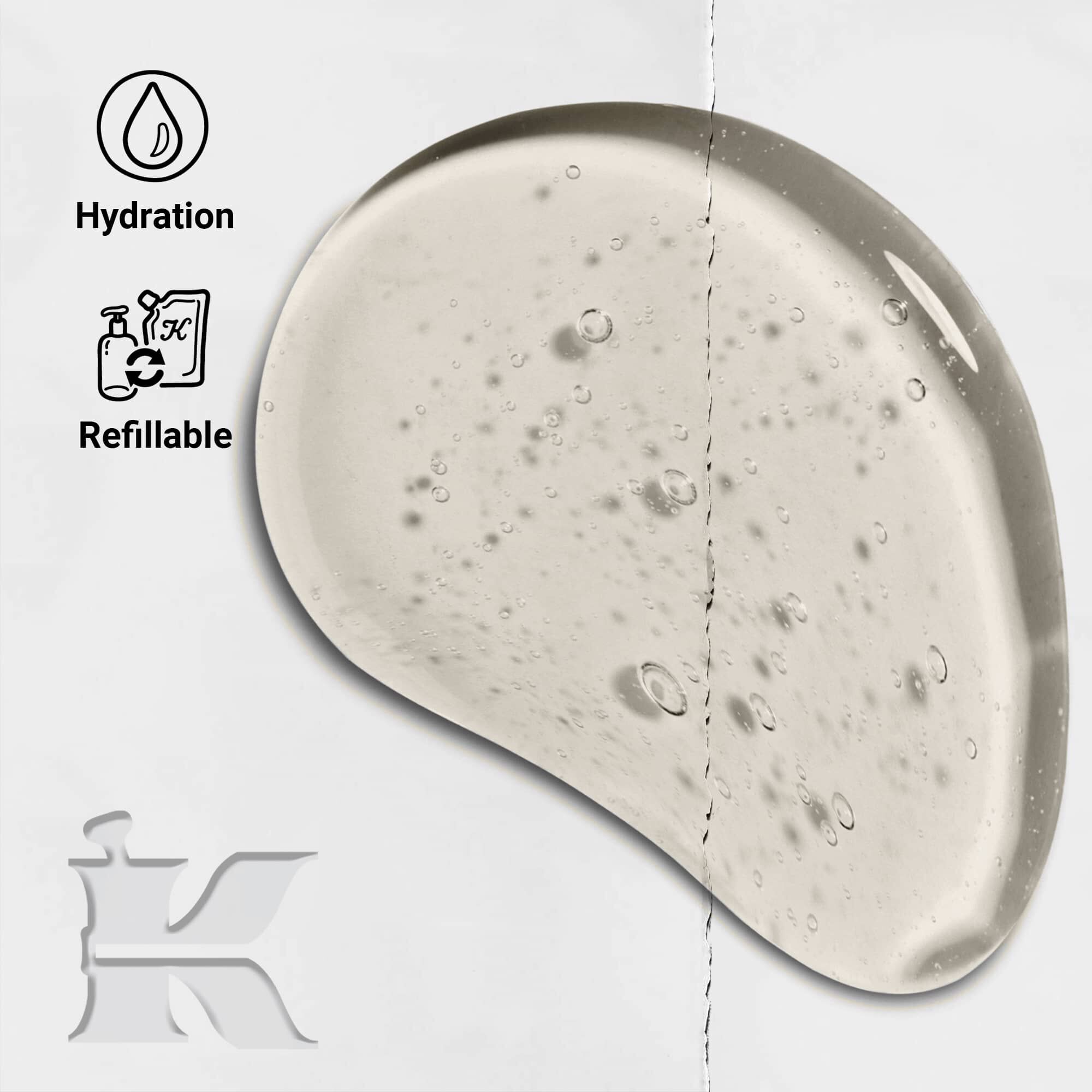 Fotografia textury šamponu Amino Acid s ikonami, ktore ukazuju, že je plniteľny a poskytuje hydrataciu