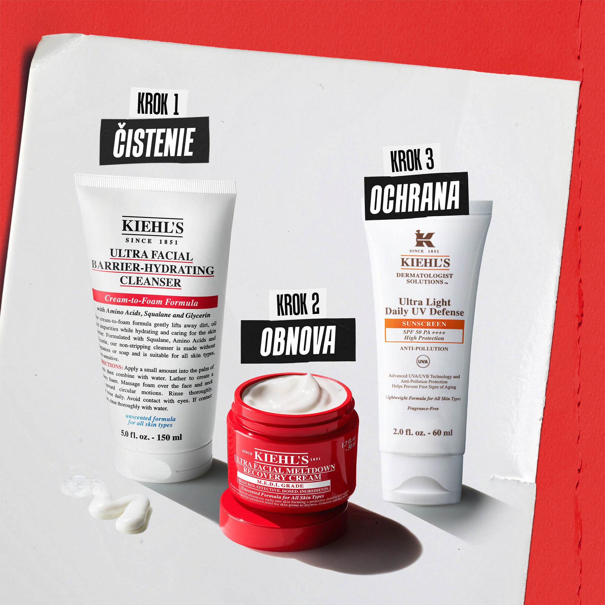 Tri produkty Kiehl’s: 1. krok čistenie (Barrier-Hydrating Cleanser), 2. krok obnova (Meltdown Recovery Cream) a 3. krok ochrana (Better Screen UV Serum).