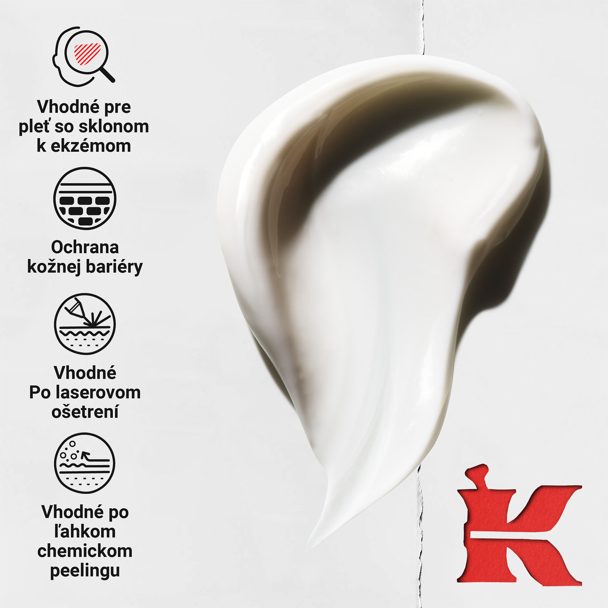 Dynamicka špirala husteho kremu; ikony zdorazňuju benefity: vhodne pre pleť so sklonom k ekzemu, ochrana kožnej bariery, starostlivosť po laseri a po ľahkom chemickom peelingu.