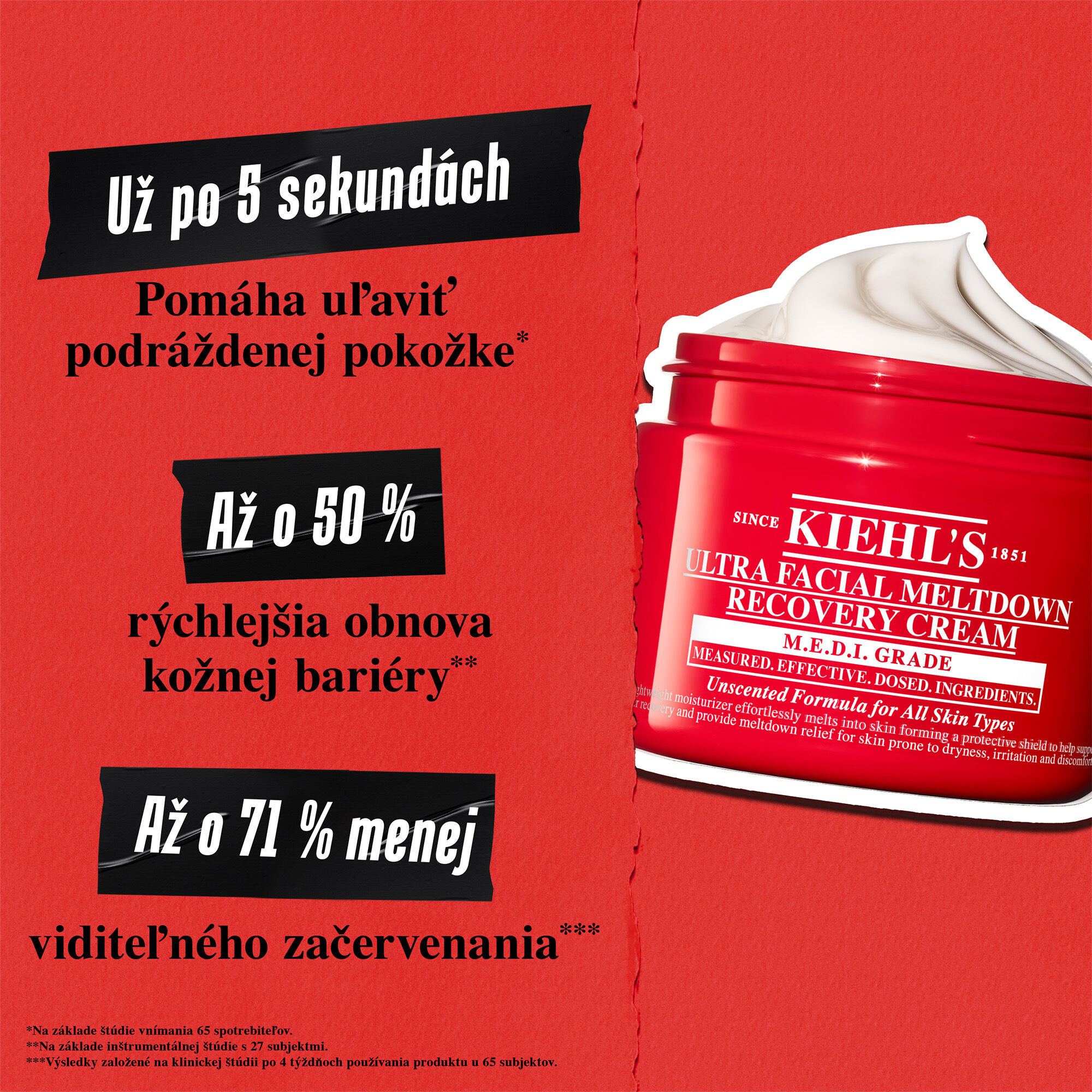 Detail aplikacie regeneračneho kremu na podraždene lice. Text znie: ZMIERŇUJE NEPRIJEMNE POCITY PLETI, SUCHOSŤ A ŠUPINATENIE.