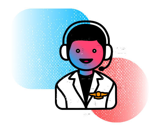 Pilot s headsetom a leteckou uniformou, usmievajuci sa na pozadi farebnych geometrickych tvarov.