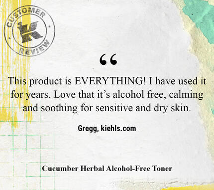 A customer review praising Kiehl's Cucumber Herbal Alcohol-Free Toner, highlighting its effectiveness and suitability for sensitive and dry skin.