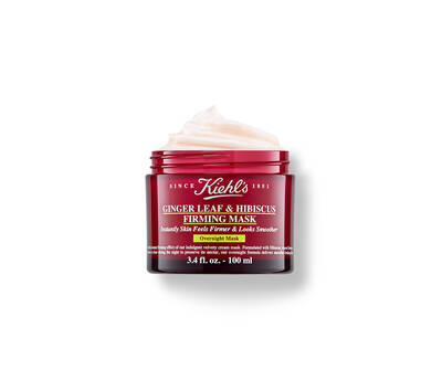Kiehl's maska na pleť s listami zazvoru a hibiskusu v červenom obale, určena na spevnenie pleti a zlepšenie vzhľadu.