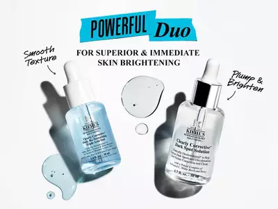 Two skincare serums are displayed on a white background, accompanied by droplets of liquid. The text above reads "POWERFUL Duo for Superior & Immediate Skin Brightening," highlighting the benefits of smooth texture and brightening effects.