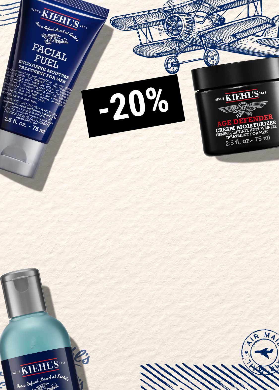 Vizual s bielym pozadim, skicou lietadla a produktmi Kiehl's.