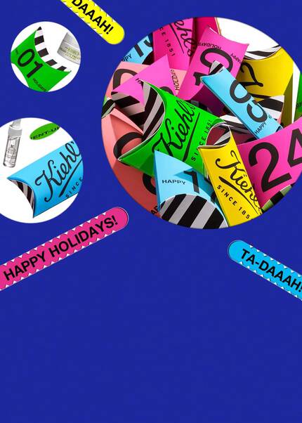 Farebne oslavne predmety a texty „Šťastne prazdniny!“ a „TA-DAAAH!“ na modrom pozadi.