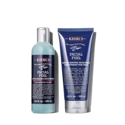 A bottle of Kiehl's Facial Fuel invigorating face wash and a tube of Kiehl's Facial Fuel invigorating moisture treatment for men, displayed together against a white background.
