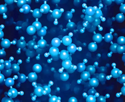 Molecular structure illustration featuring blue spheres and connecting lines, resembling a scientific representation of molecules against a dark background.