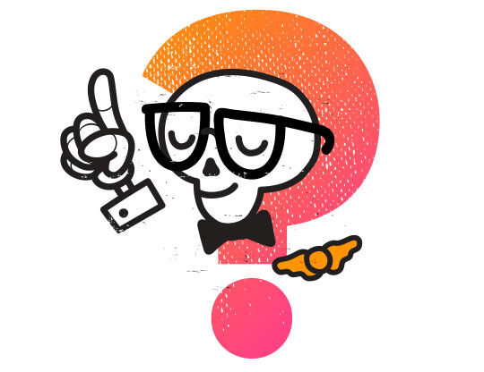 Ležerny kostlivec s okuliarmi a motylikom, ukazujuci prst a usmievajuci sa nad farebnou otaznikou.