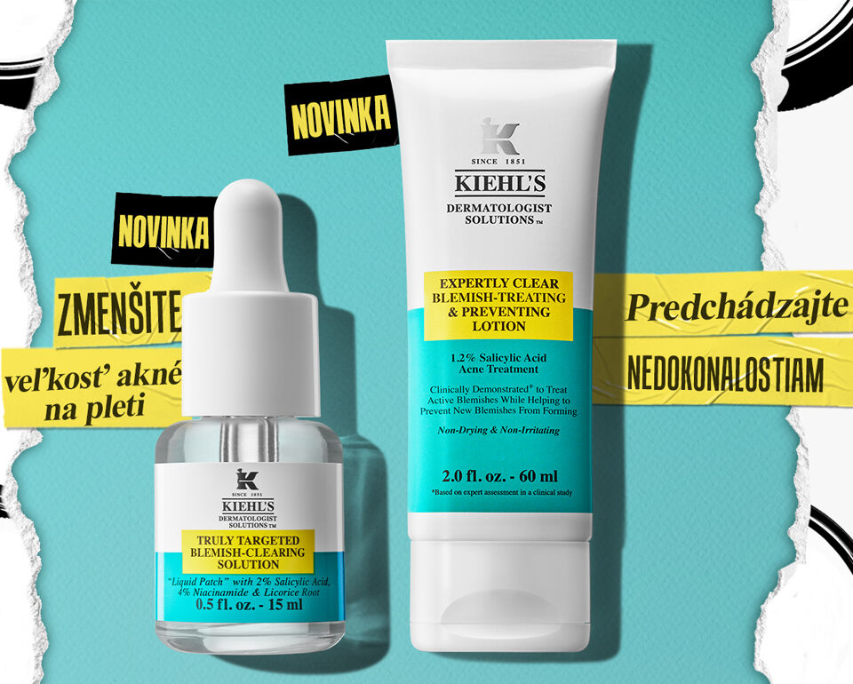 Riadok produktov Kiehl's pre pleť s akne, zahŕňajuci pleťovy čistiaci lotion a krem, na svetlomodrom pozadi s propagaciou noviniek.