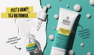 A graphic featuring Kiehl's acne treatment products, including an invisible liquid pimple patch and a lotion, both labeled for acne treatment with a focus on hydration and prevention.