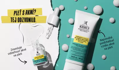 A graphic featuring Kiehl's acne treatment products, including an invisible liquid pimple patch and a lotion, both labeled for acne treatment with a focus on hydration and prevention.