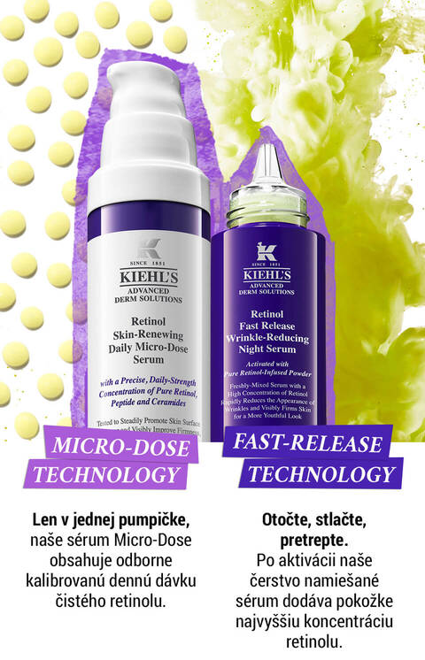 Alternativny text: Obrazok propaguje produkty značky Kiehl's, konkretne serum s mikro davkovanim a nočne serum s retinolom. Obsahuje informacie o inovaciach v technologii a benefitoch retinolu. Farby su žlte a f