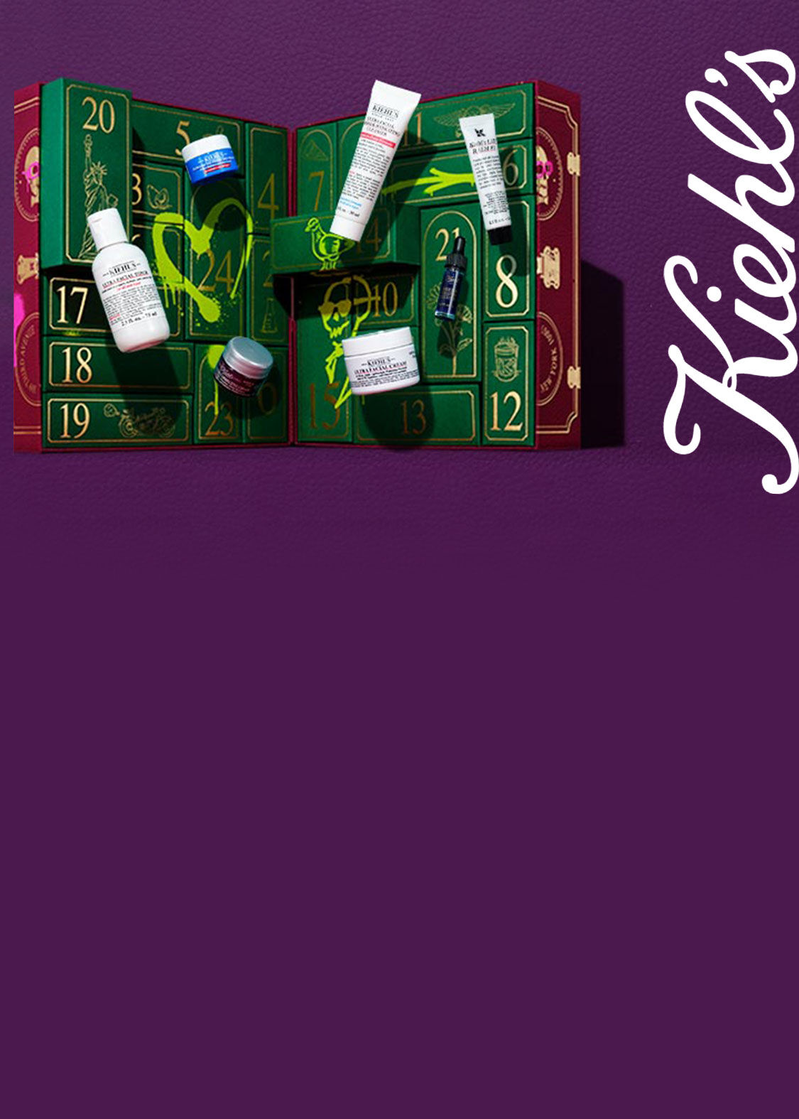Otvoreny, zeleny Kiehl's adventny kalendar s produktmi (Ultra Facial Cream, Toner, atď.) na fialovom pozadi s graffiti.