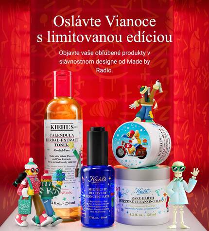 A festive display featuring limited edition beauty products and holiday-themed decorations, alongside colorful figurines. The background features a vibrant red design with holiday motifs. Text reads, "Celebrate the Holidays with our Limited Editions."